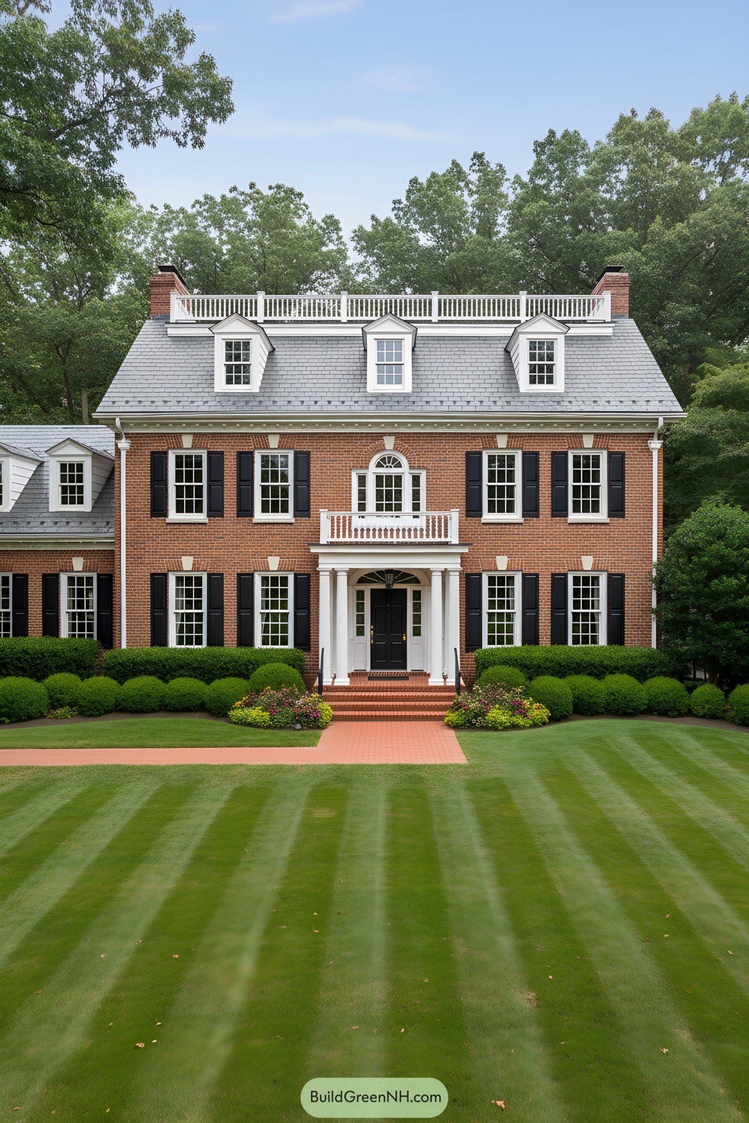 Red-brick colonial with black shutters and dormers