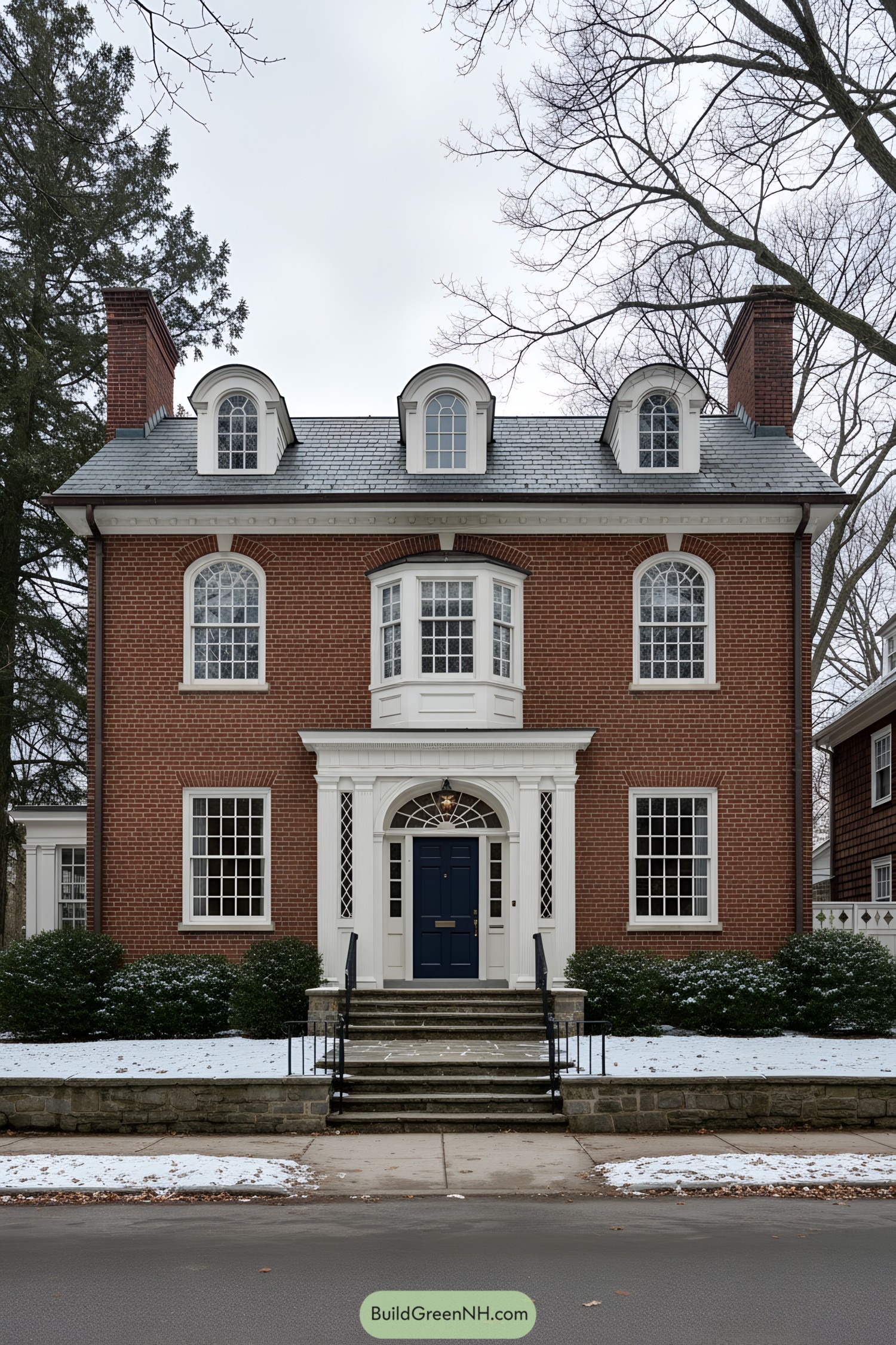 Red-brick colonial with dormers and arched entry