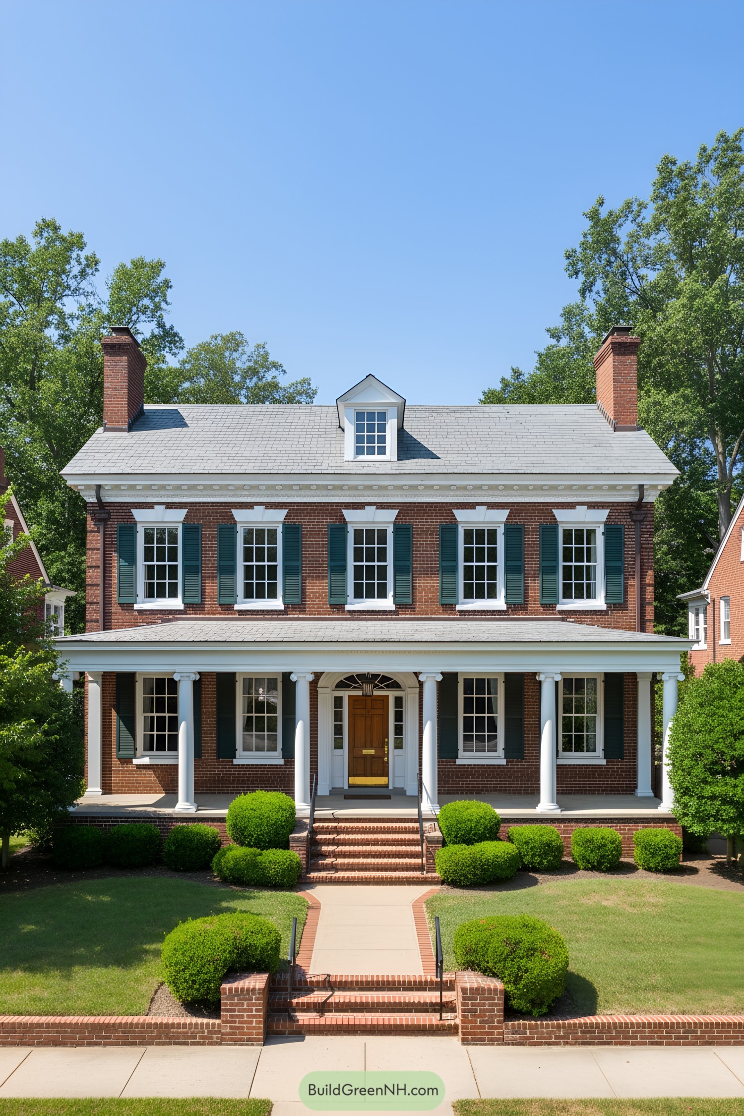 Two-story brick colonial with full-width columned porch and green shutters