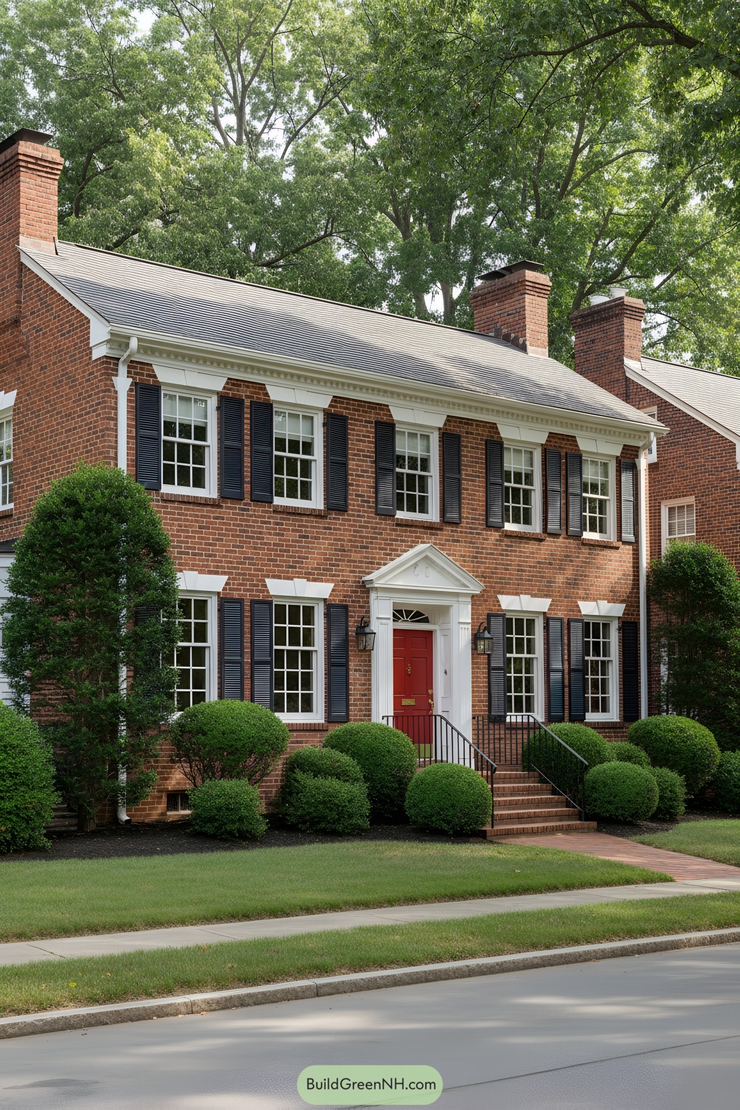 Two-story red-brick colonial with black shutters, white trim, and a central red door under a pediment