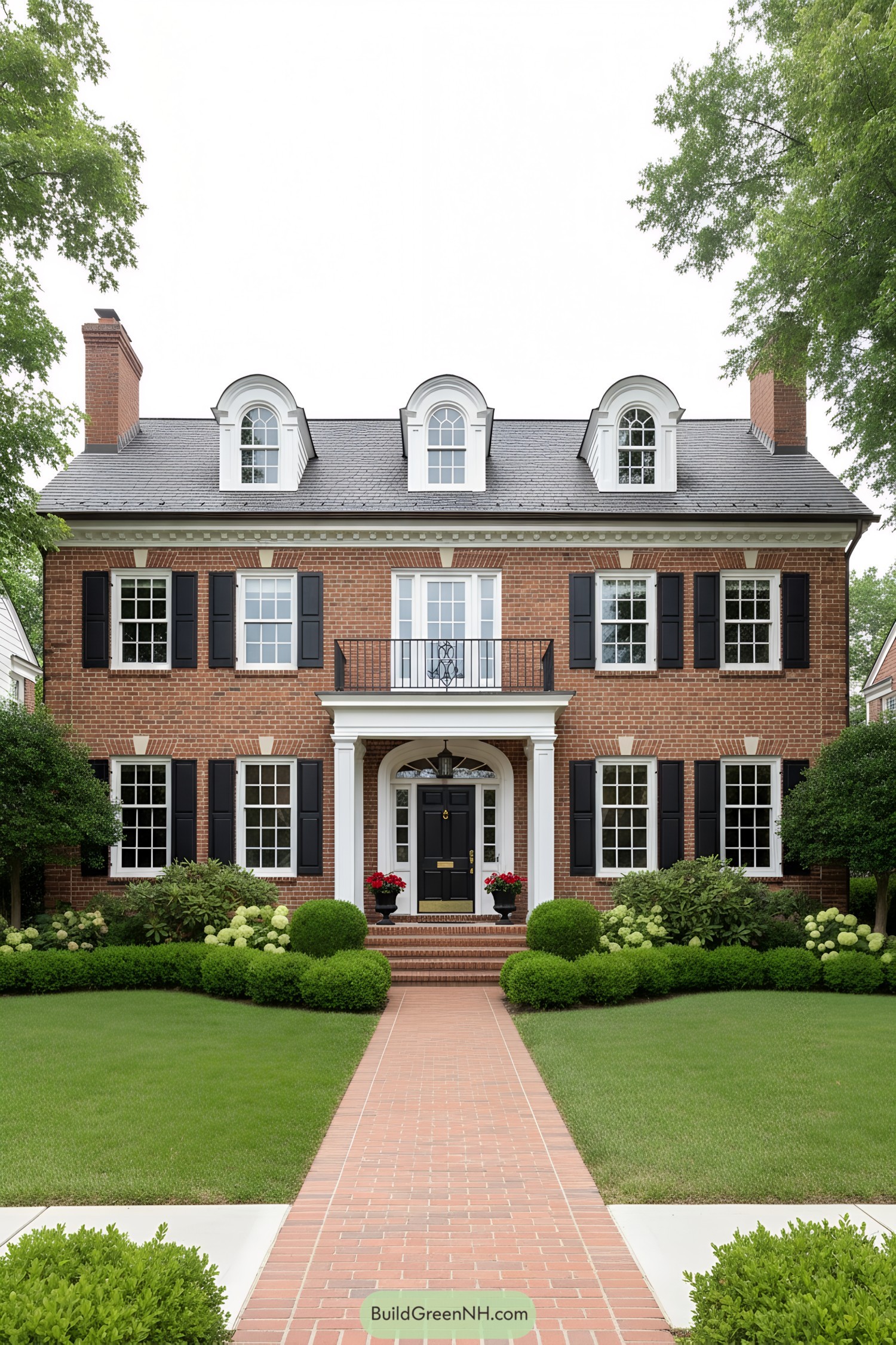 Symmetrical brick colonial with black shutters and dormers