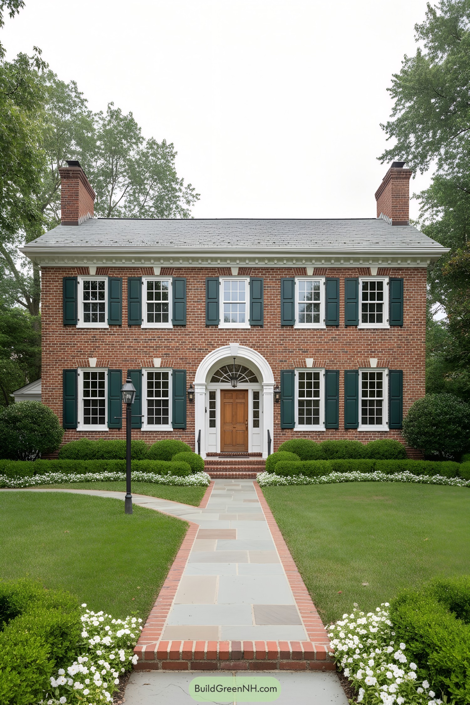 Two-story brick colonial with arched entry, green shutters, and symmetrical windows