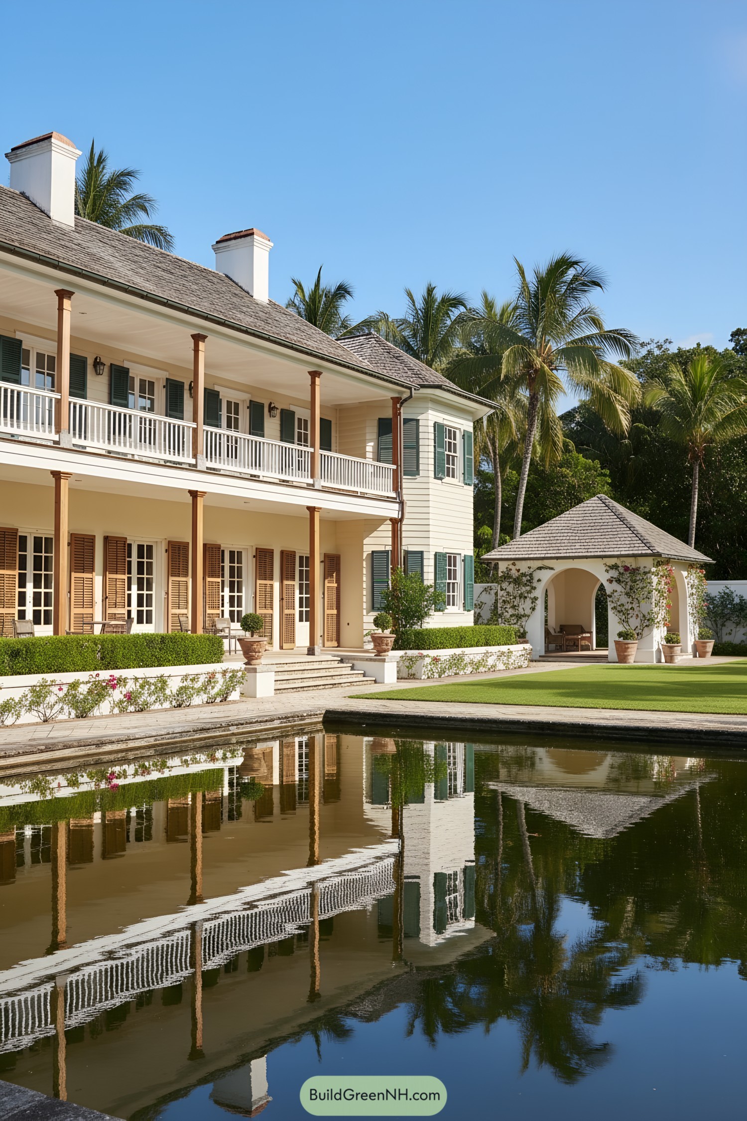 Two-story veranda house with shutters reflected in a calm lagoon