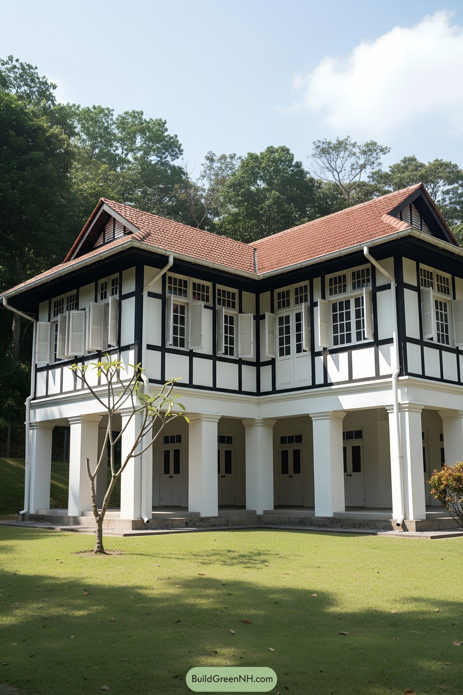 Two-story black-and-white colonial house with red-tile roof