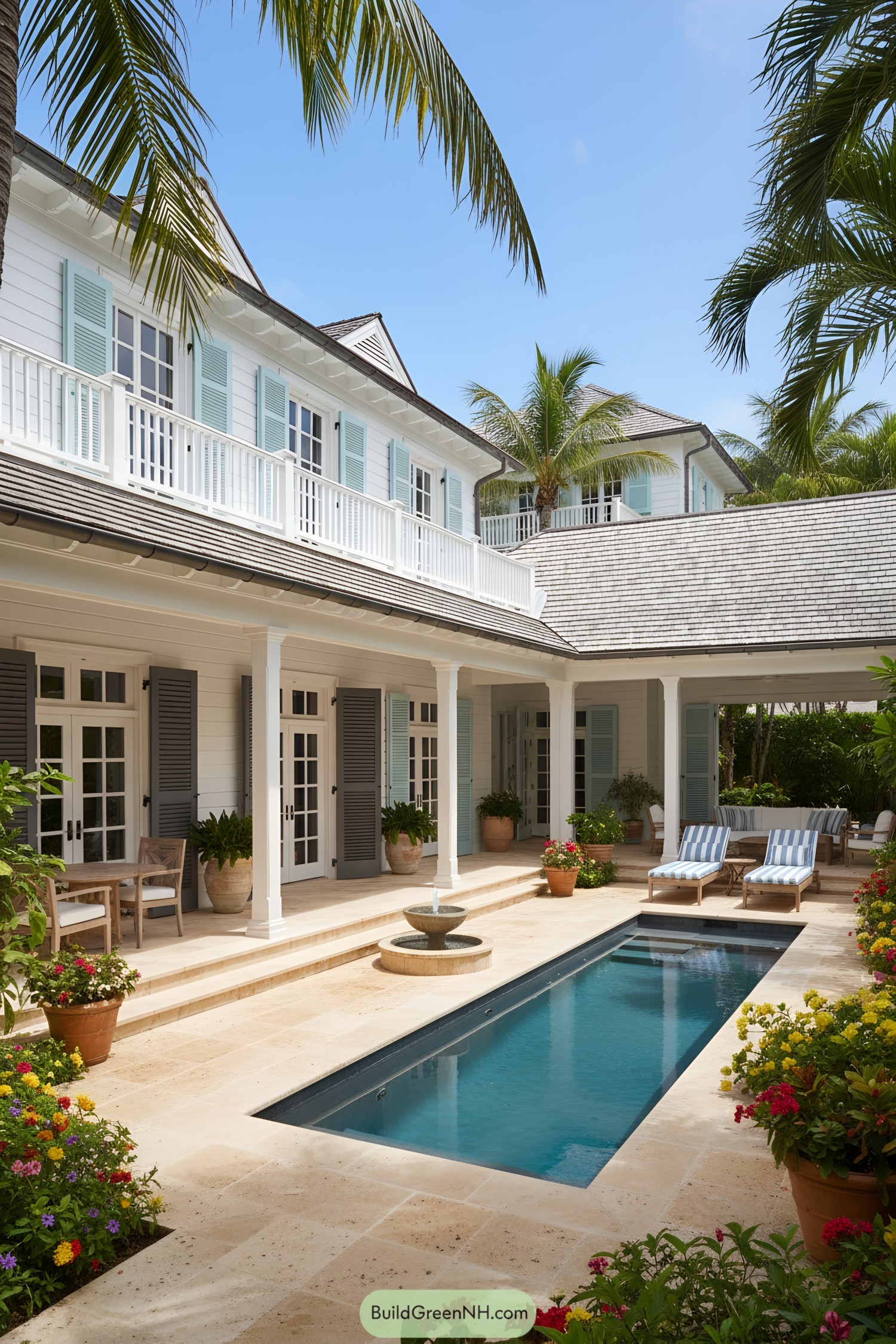White clapboard colonial with pastel shutters, colonnaded veranda, and narrow lap pool framed by tropical plantings
