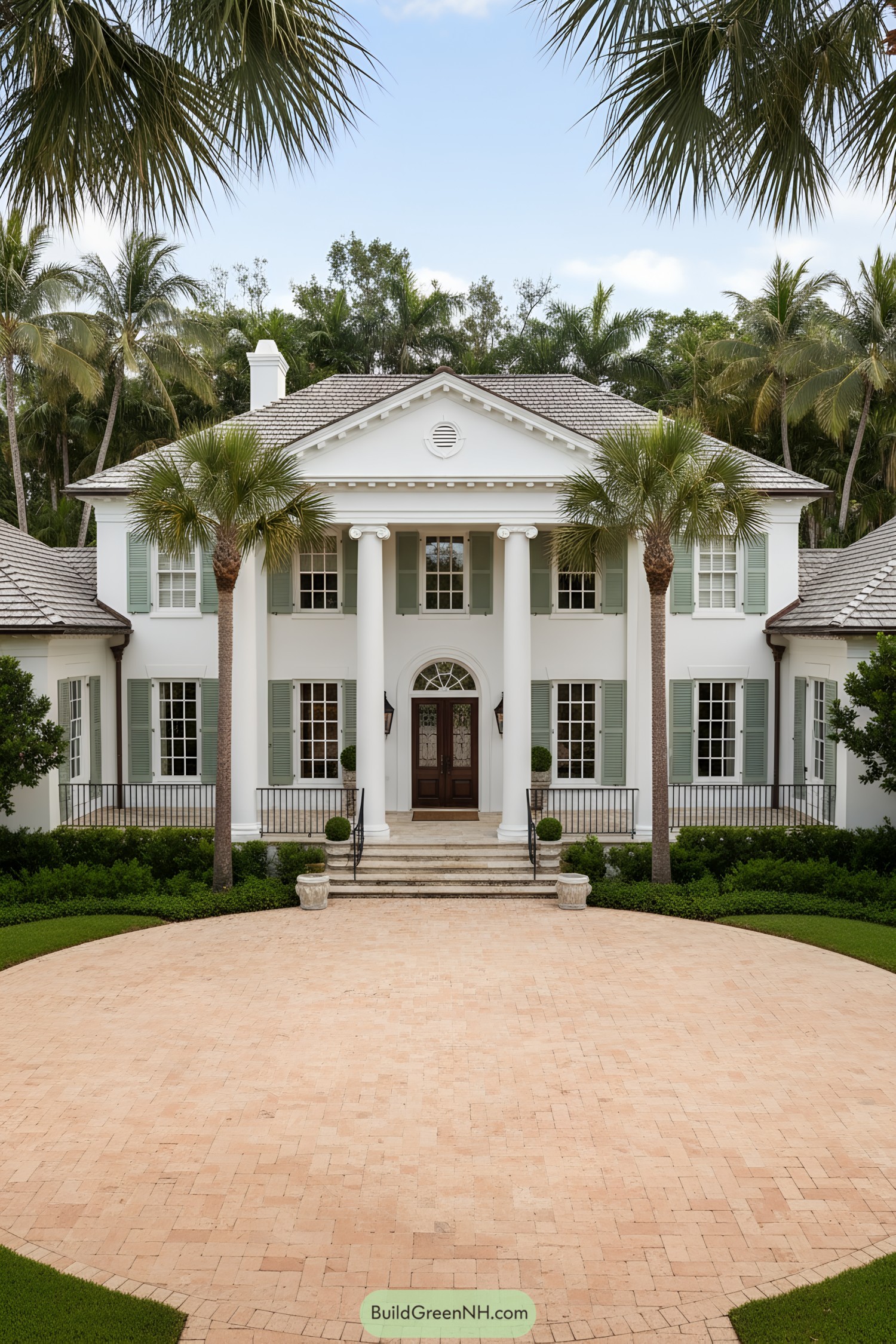 Symmetrical white colonial with mint shutters and grand portico