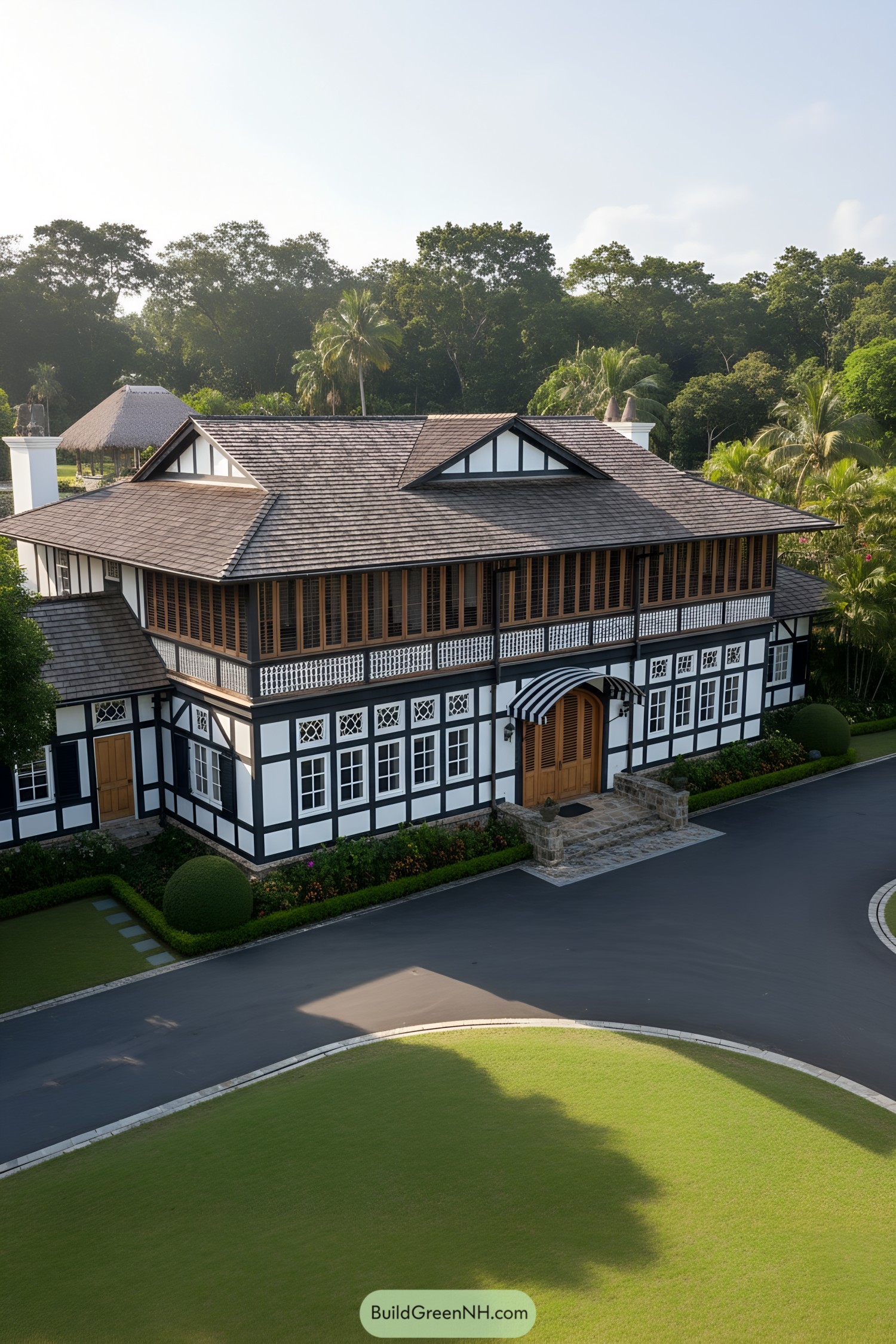 Two-story black-and-white timbered house with wooden shutters and hipped roof in lush tropical setting