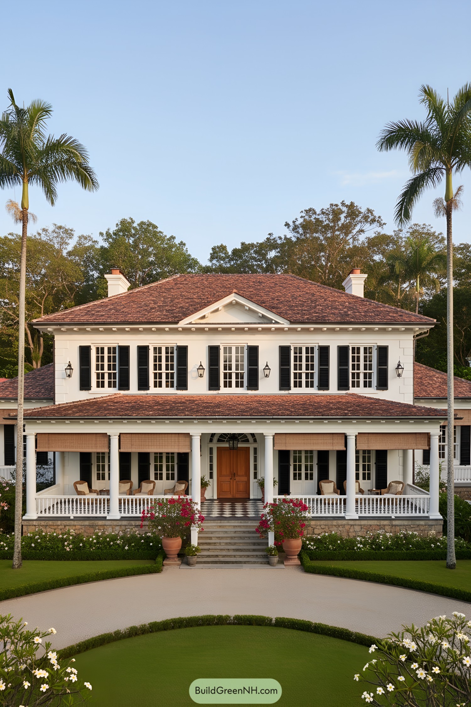 Two-story white colonial with wraparound porch