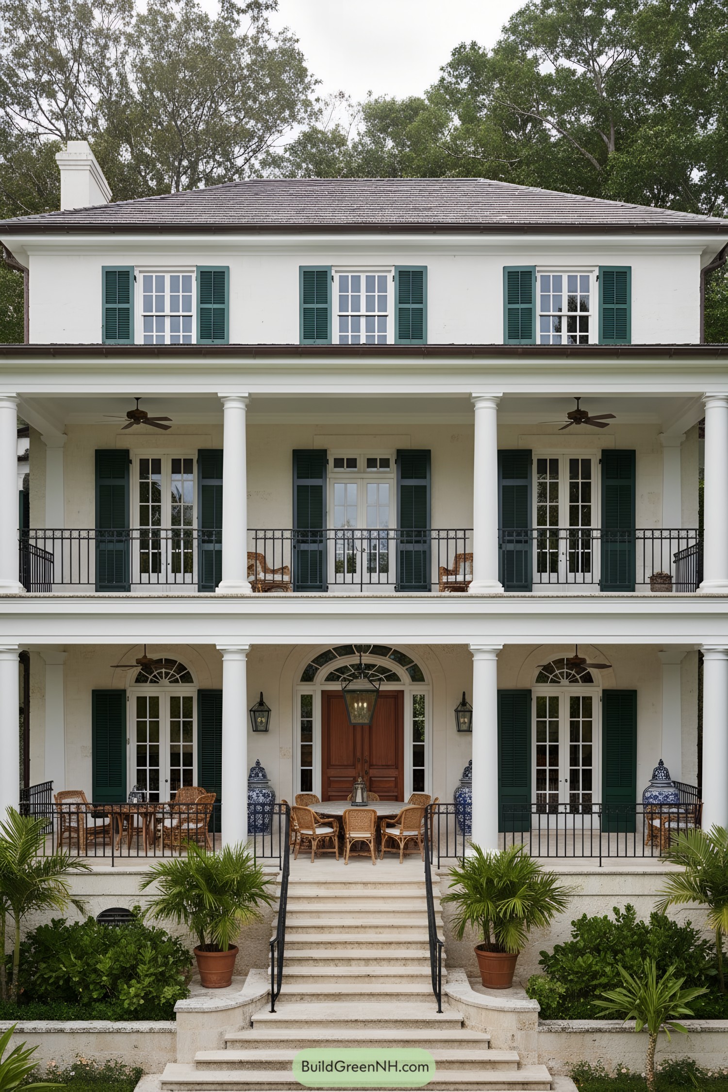 Three-story colonial residence with green shutters, white columns, and tiered verandas