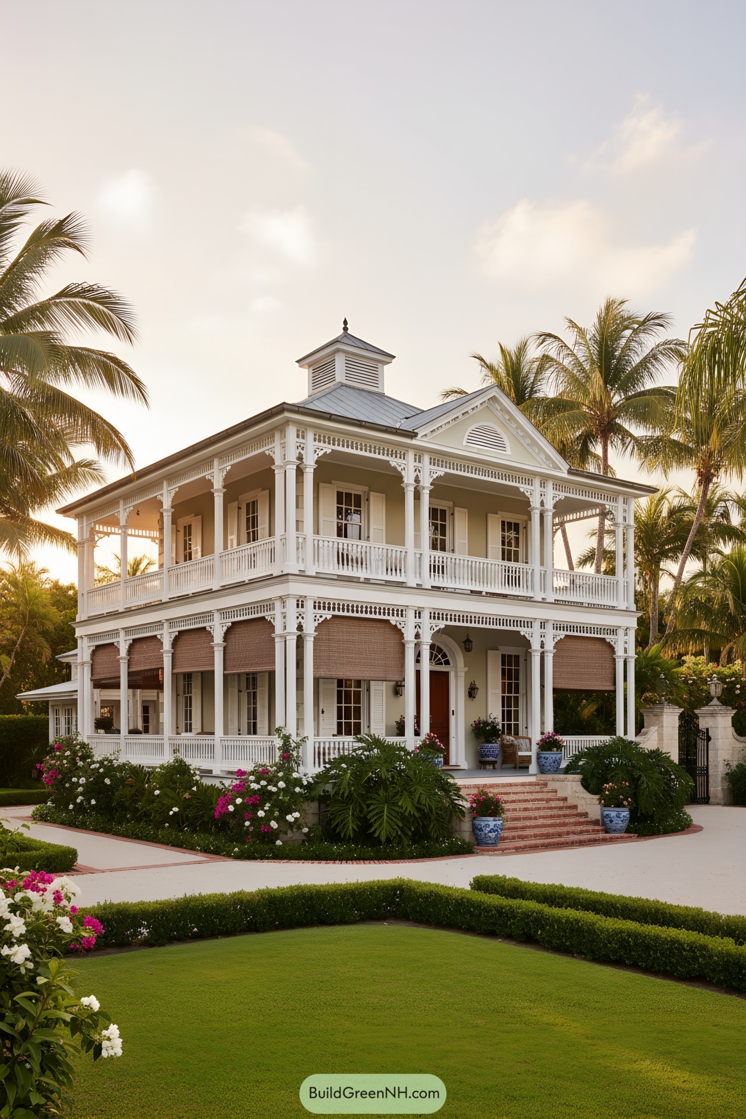 Two-story colonial with wraparound verandas, louvered cupola, ornate brackets, and lattice balustrades framed by palms