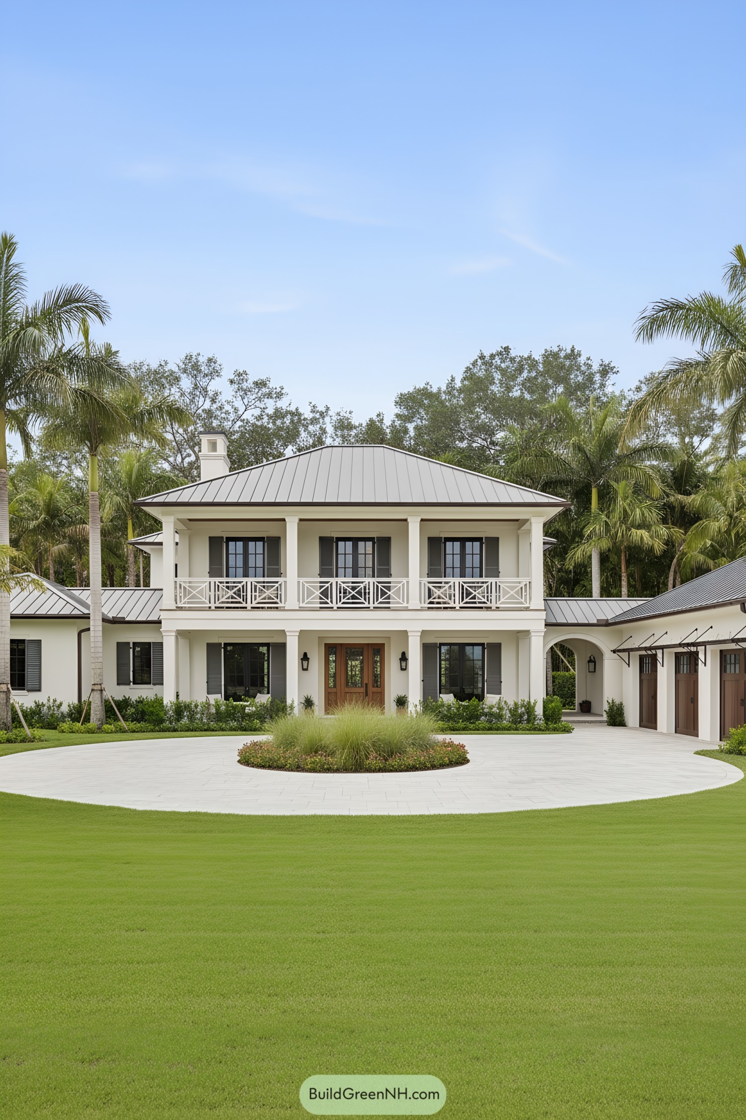 Two-story white colonial with wraparound balcony, palm-lined drive, and metal hip roof