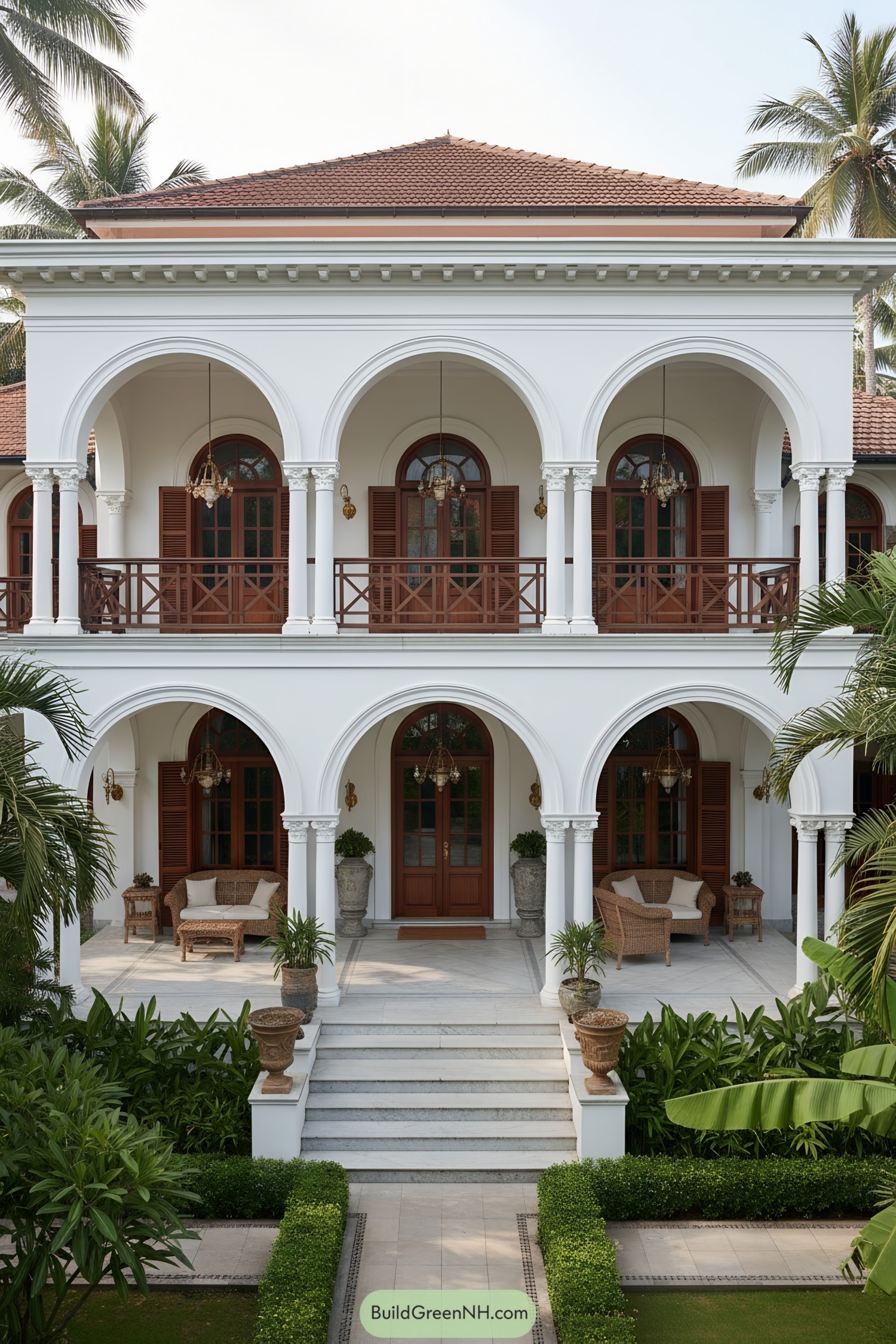 White stucco villa with arched loggias, red tile roof, and teak shutters amid lush palms