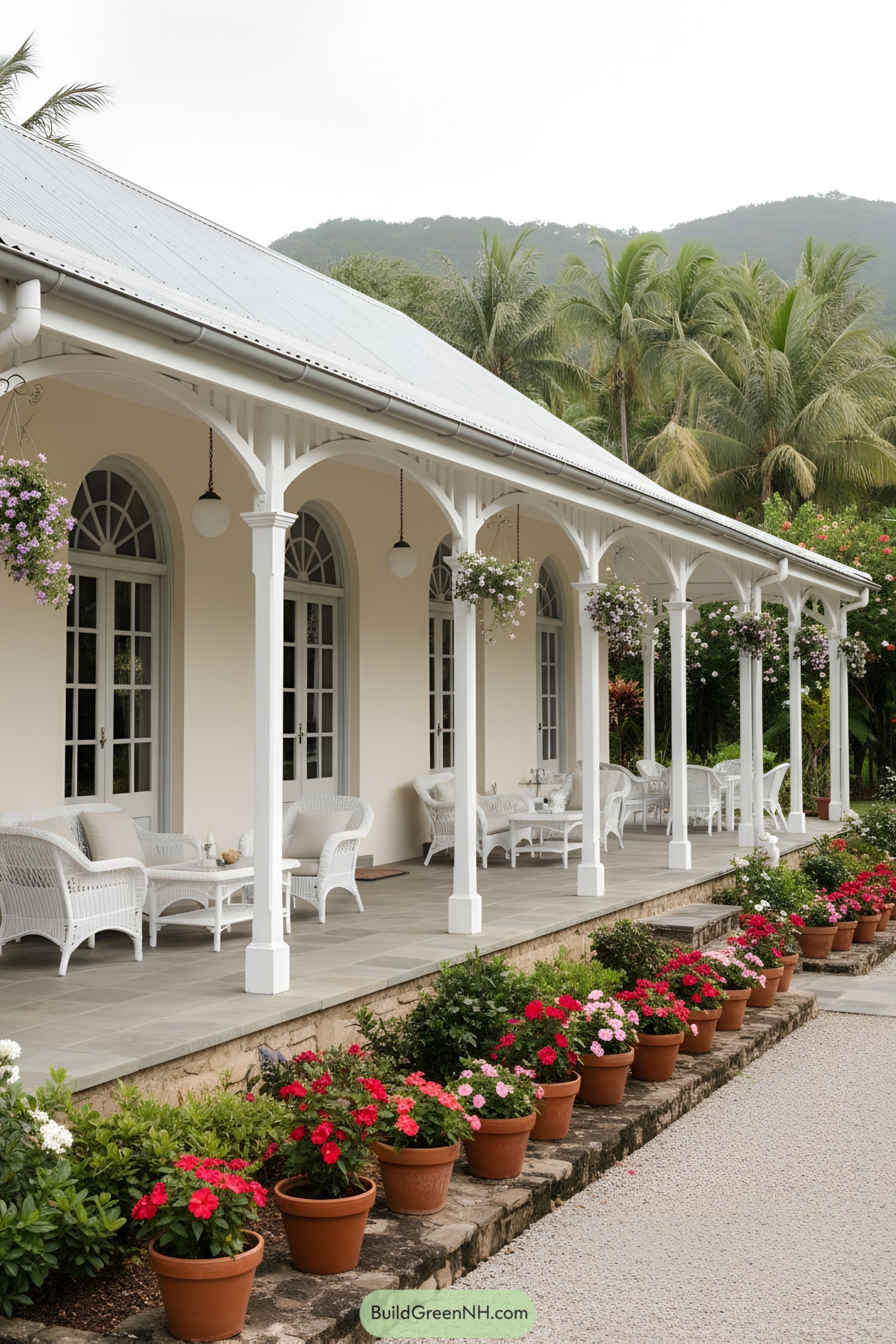 White columned veranda with arched doors, wicker seating, and hanging planters