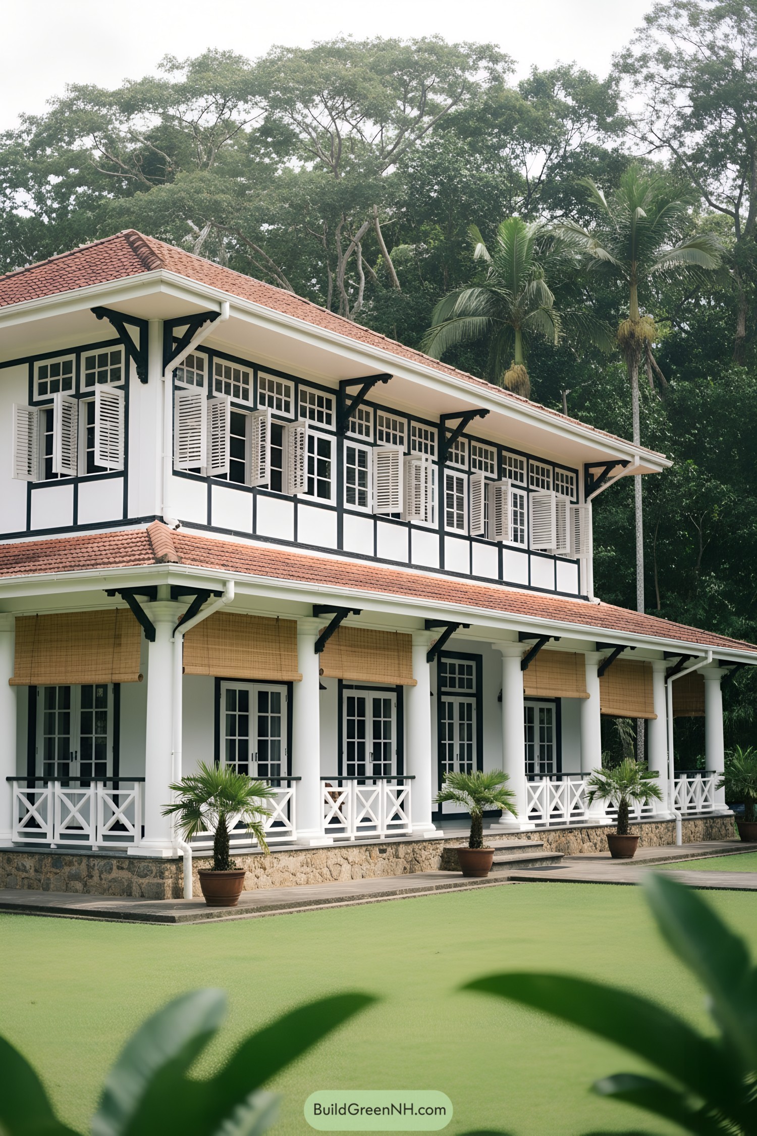 Two-story white colonial house with shutters, wraparound veranda, and terracotta roof set by lush palms