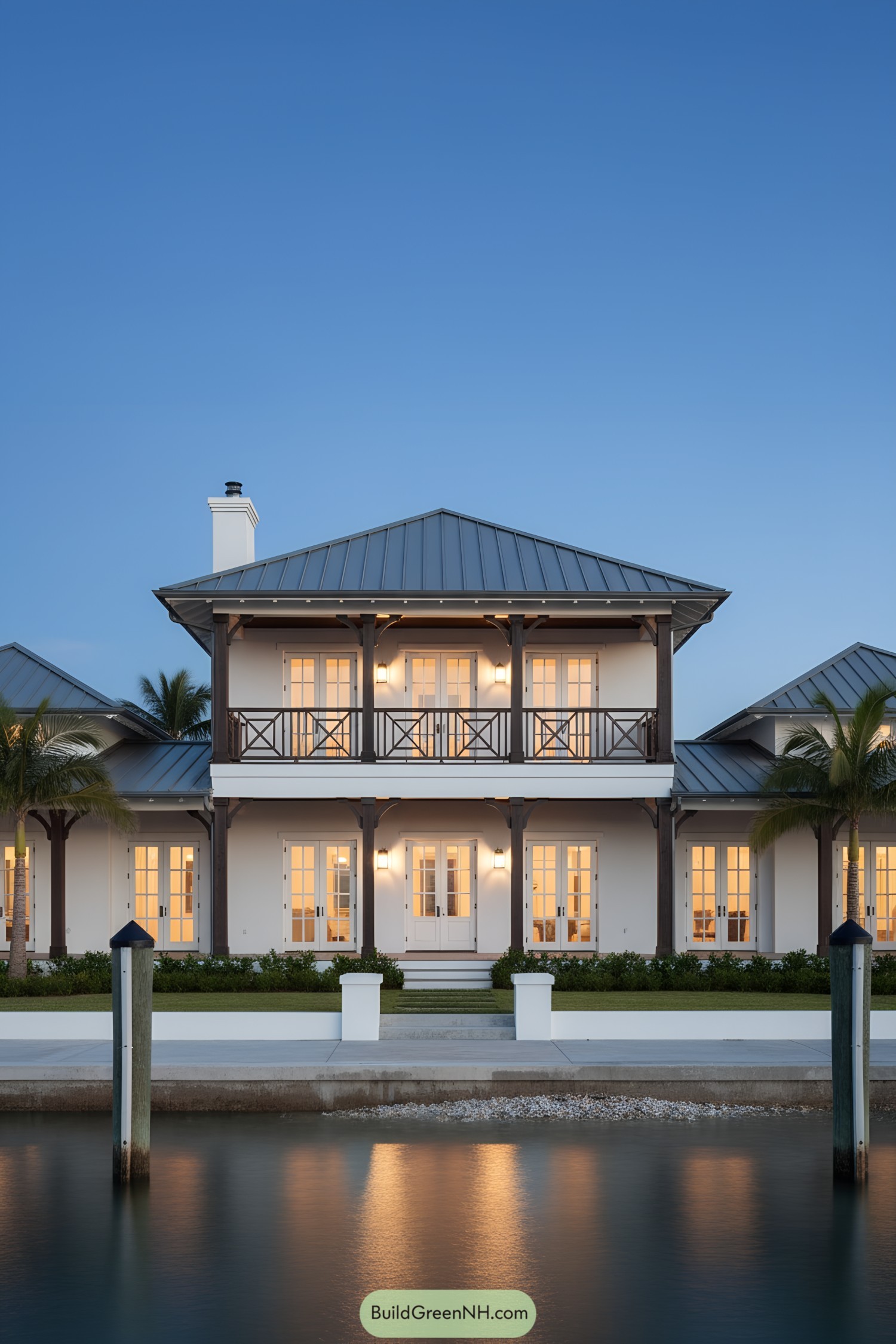 Two-story waterfront colonial with metal roof, wraparound balcony, and French doors glowing at dusk