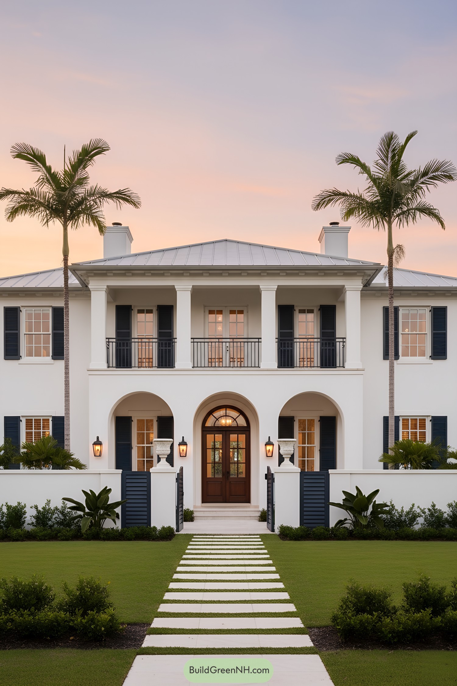 Two-story white colonial with navy shutters, arched entry, and columned balcony flanked by palms