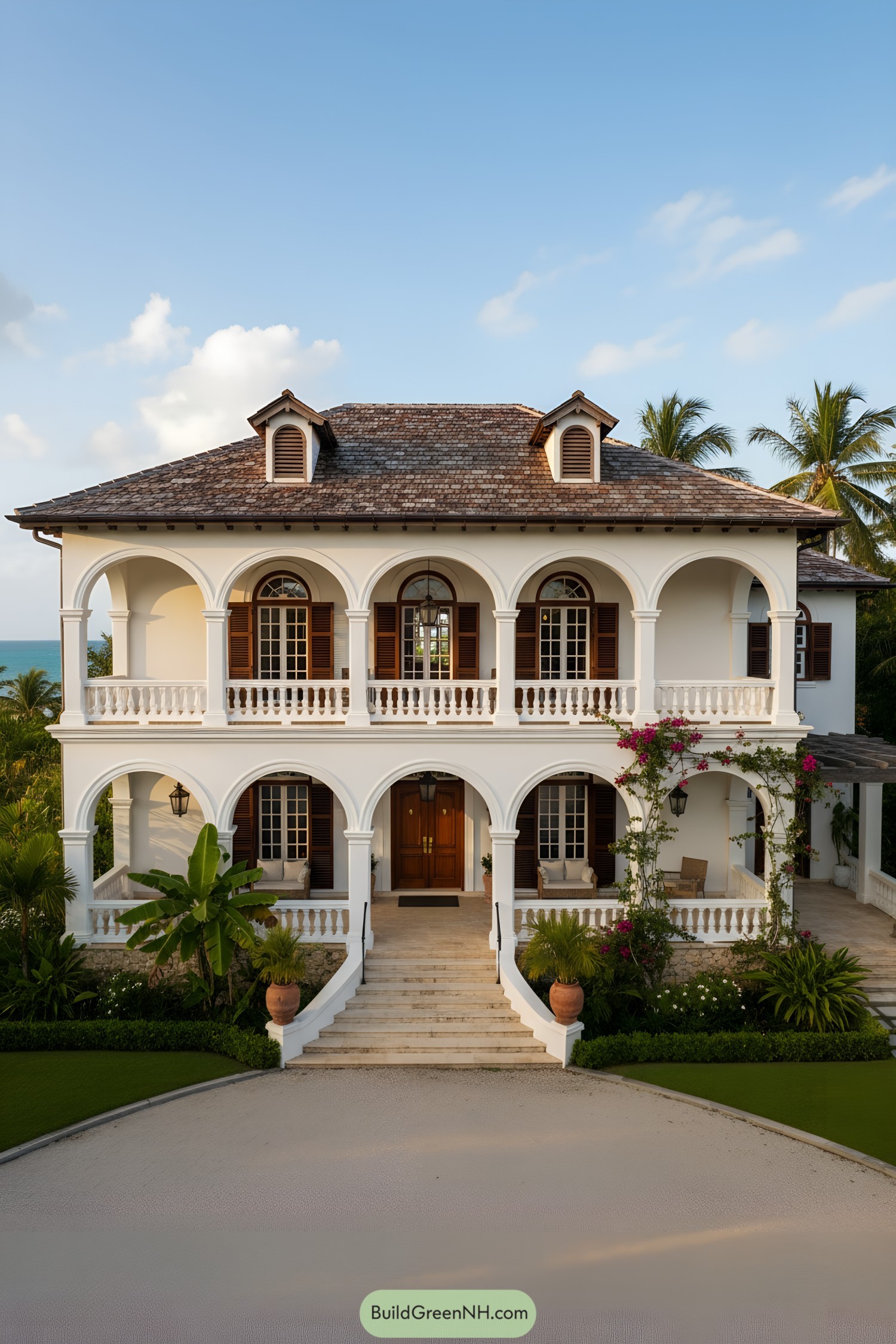 Two-story white colonial with arched verandas and wooden shutters
