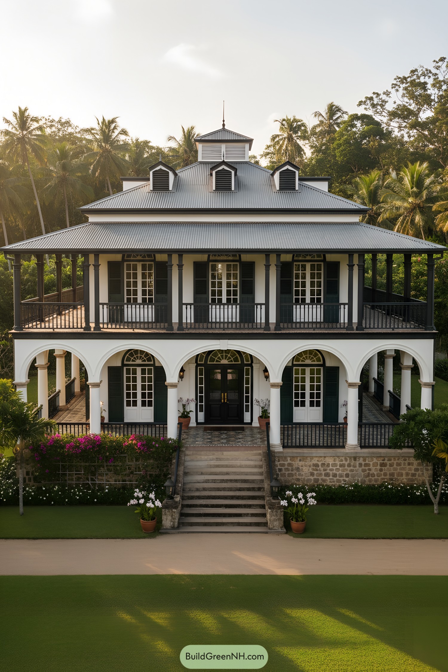 Two-story colonial house with arcaded verandas, cupola roof, dark shutters, and wraparound balcony