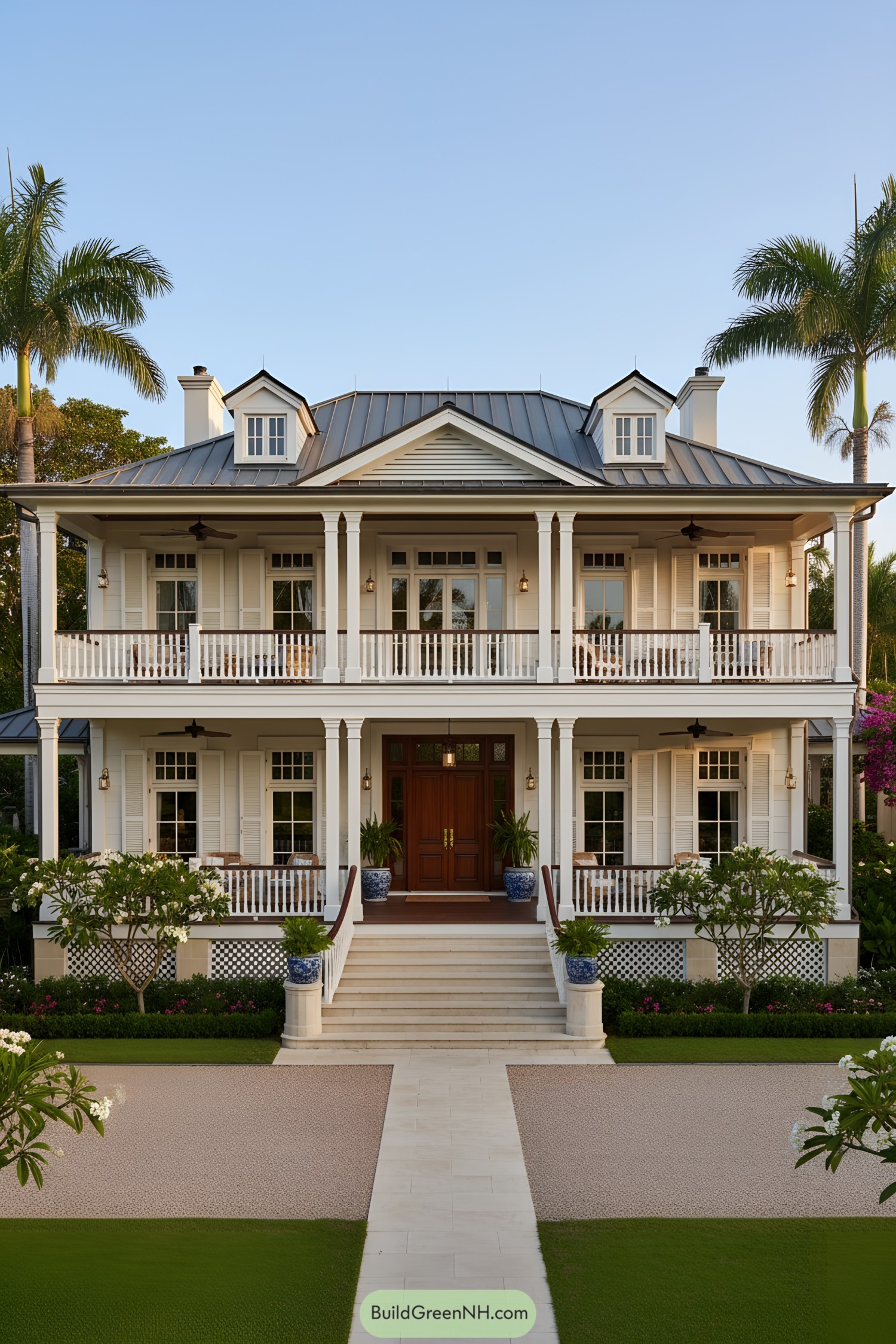 Two-story white colonial with verandas, shutters, dormers, and a metal hipped roof flanked by palms