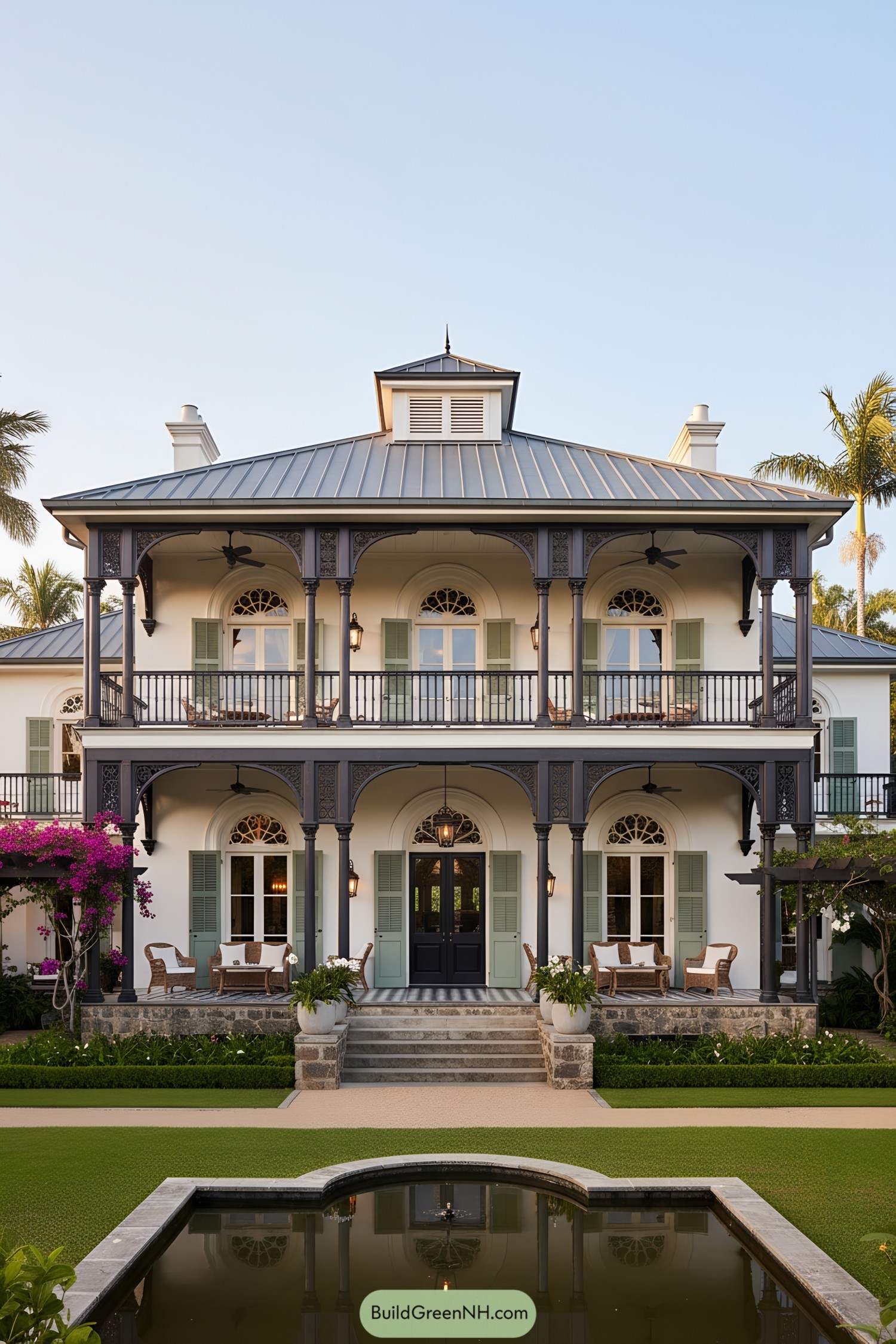 Two-story colonial residence with arched verandas, mint shutters, and a metal hipped roof capped by a cupola