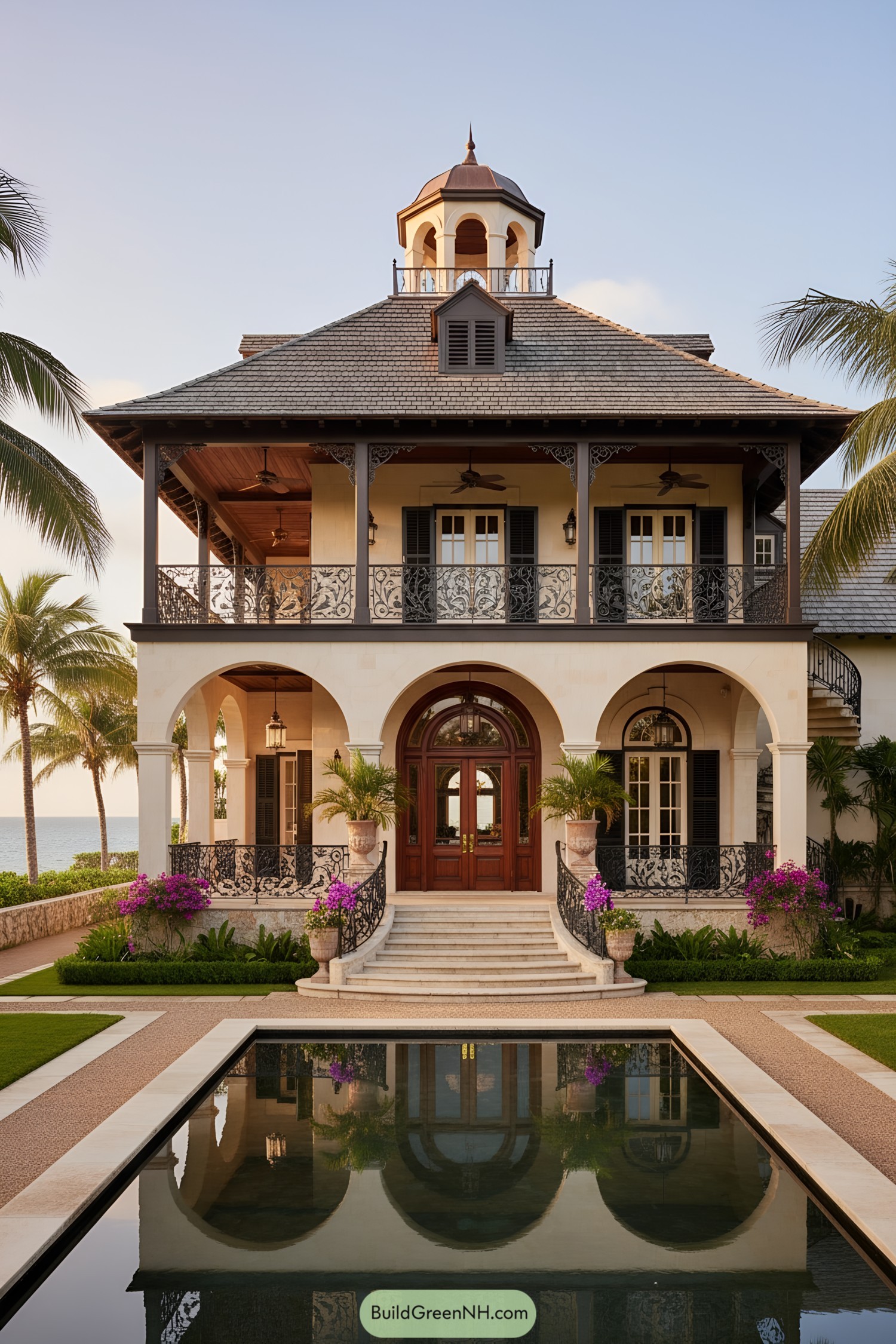 Two-story colonial villa with arched loggias, wrought-iron balconies, and a lanterned cupola reflected in a front mirror pool