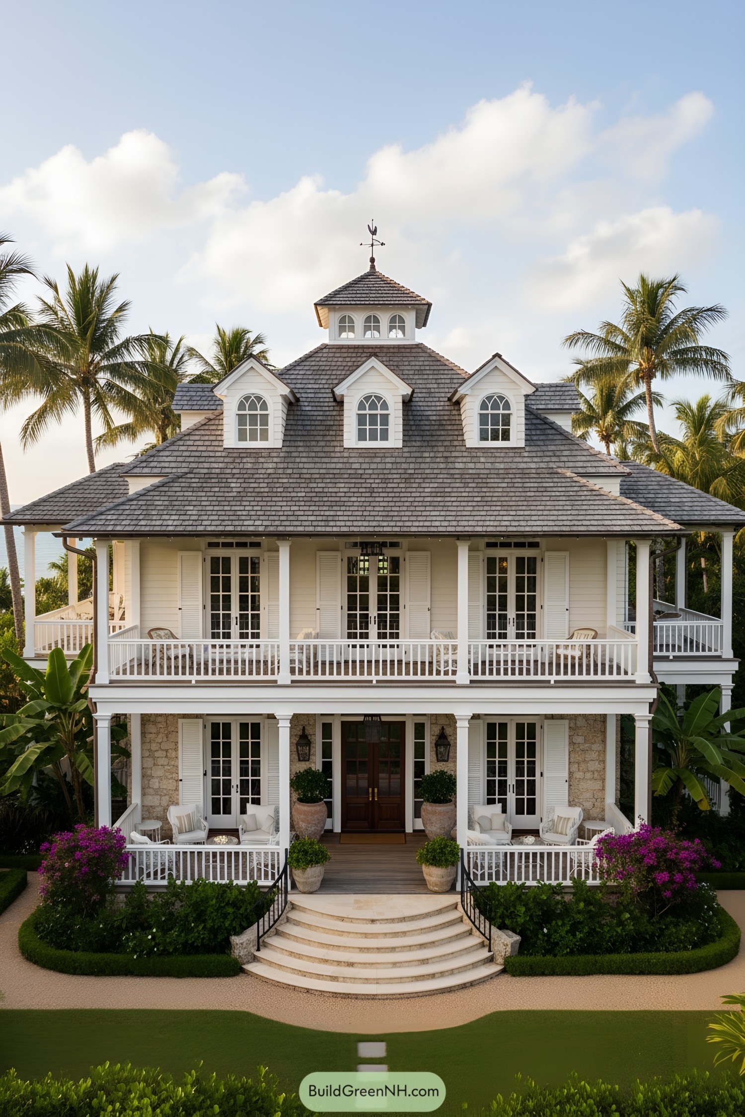 Two-story white colonial with wraparound porches, dormers, and cupola, framed by palms