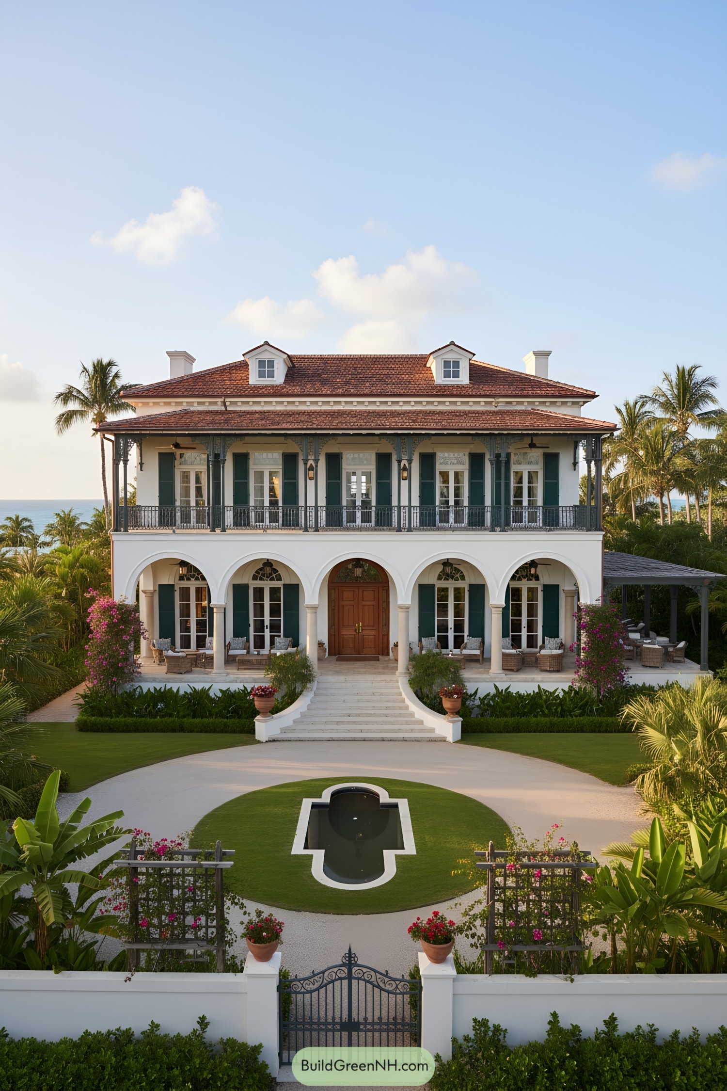 Two-story colonial villa with arcaded porch, teal shutters, and red-tile roof