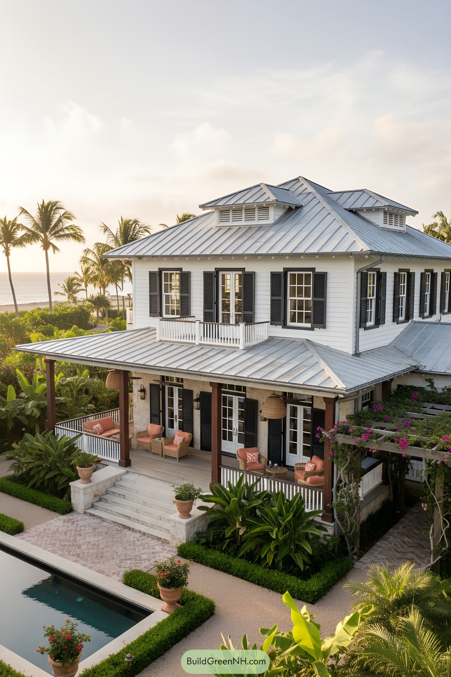 White clapboard house with metal roof, black shutters, wraparound porch, and poolside garden