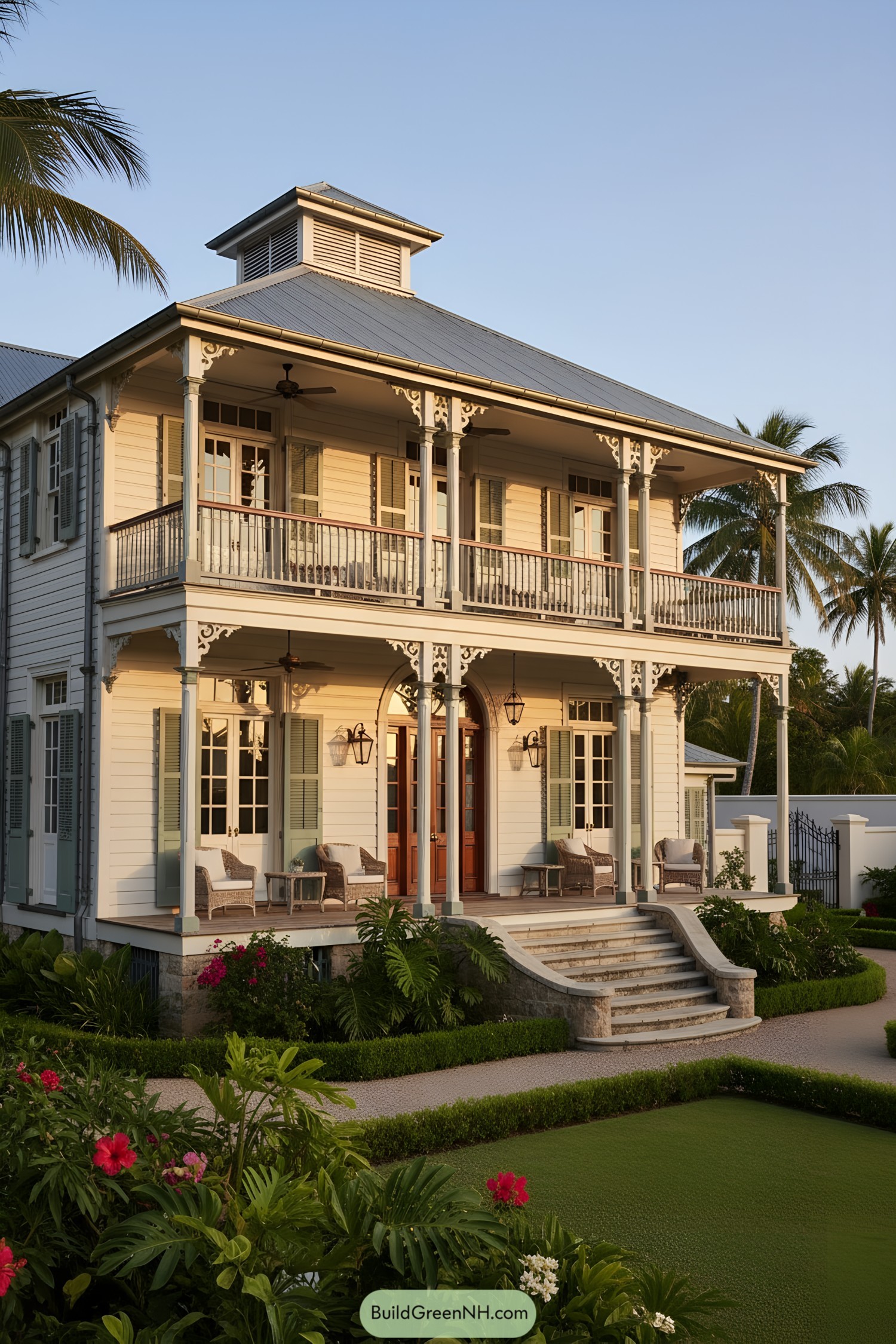 Two-story colonial home with wraparound verandas and cupola