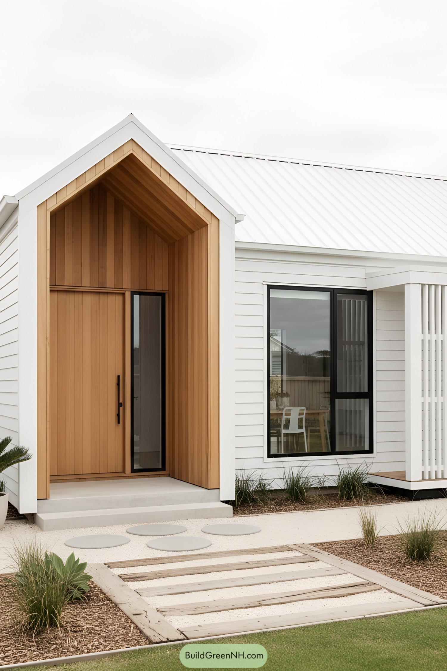 Modern white barn with cedar entry