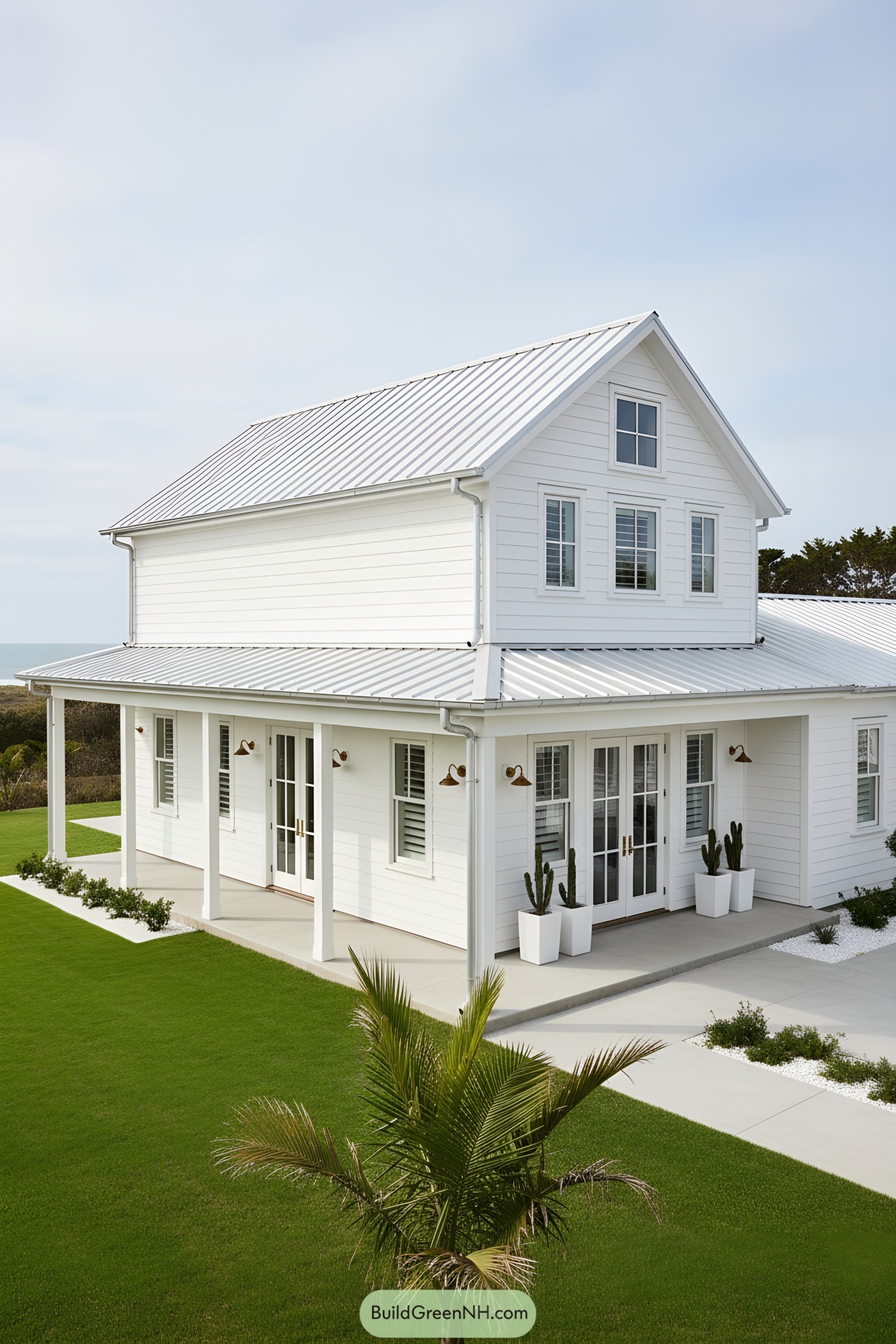 White barnhouse with metal roof and wraparound porch