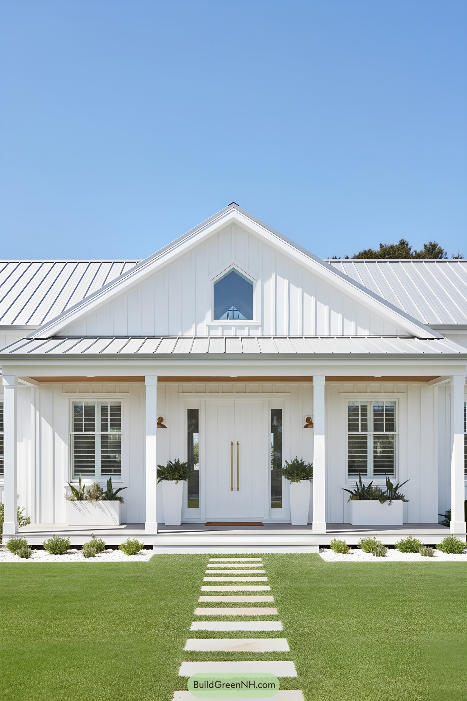 White coastal barn with gable roof and porch