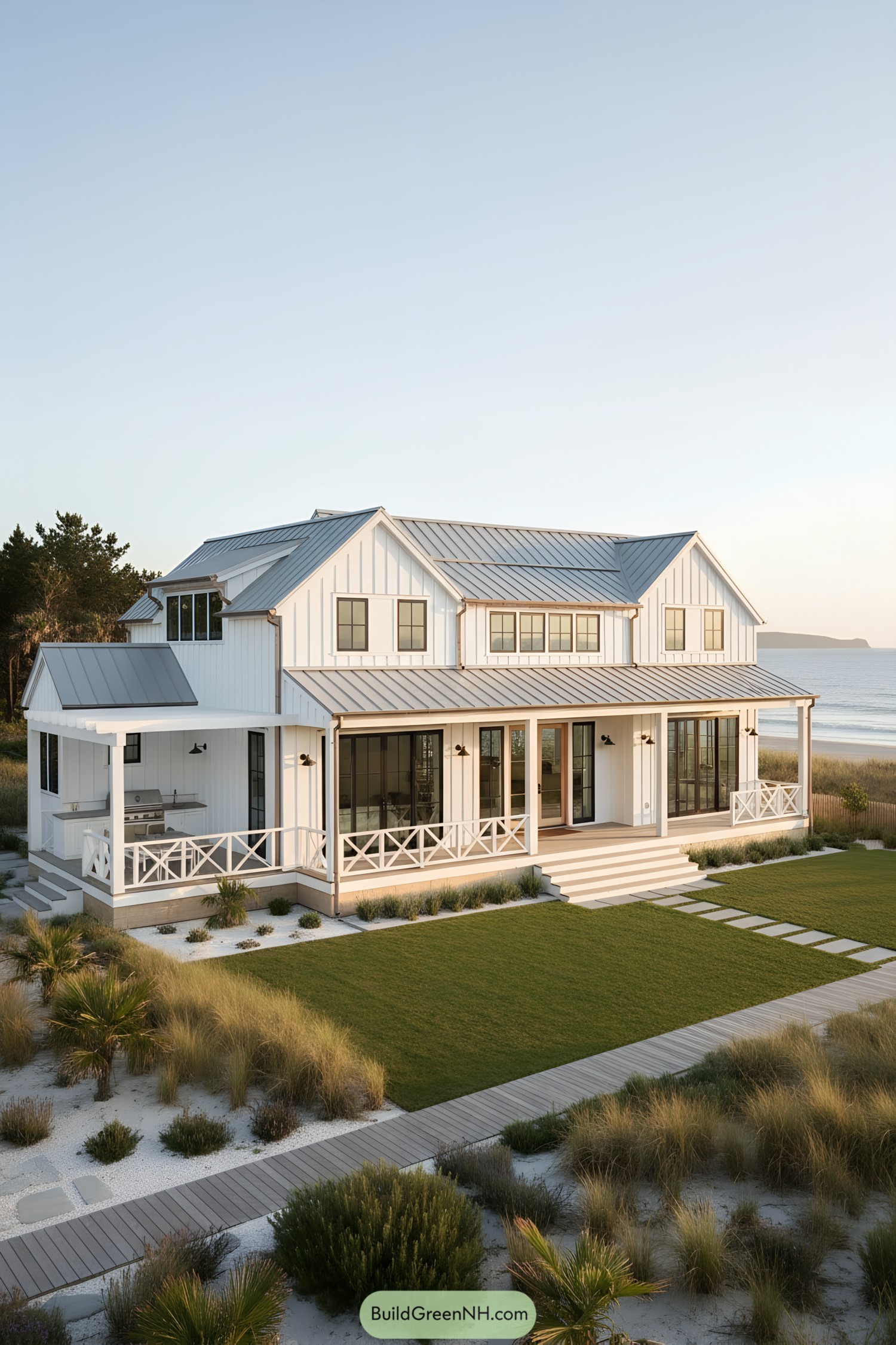 White board-and-batten coastal barn with metal roof and wraparound porch