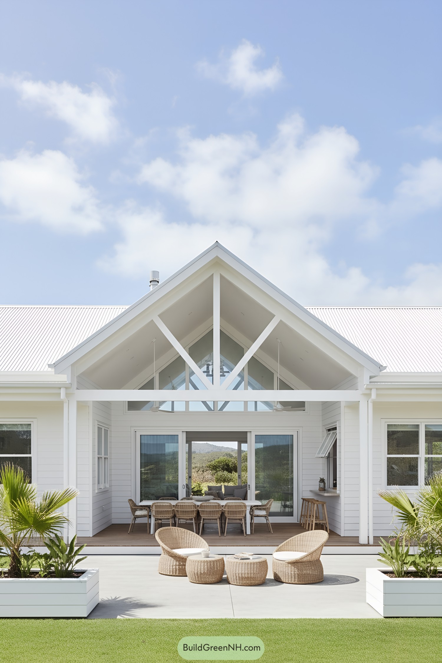 White gabled coastal home with open veranda and glass doors