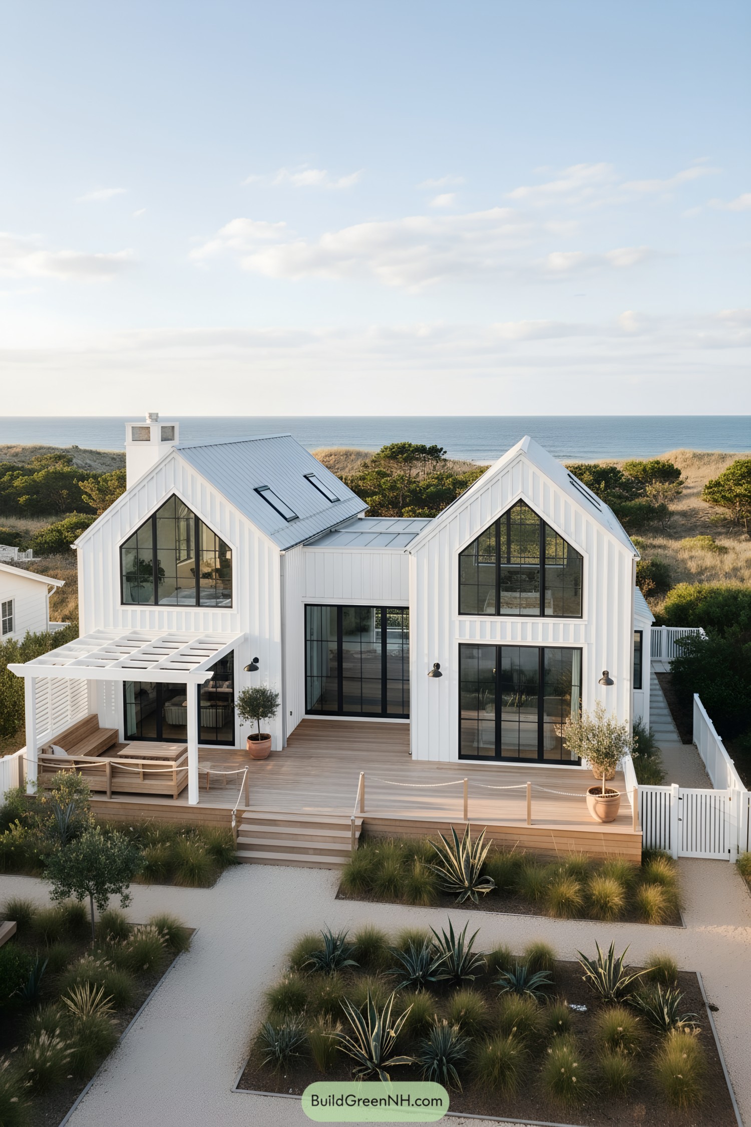 White gabled coastal house with large black-framed windows and expansive wood deck overlooking dunes