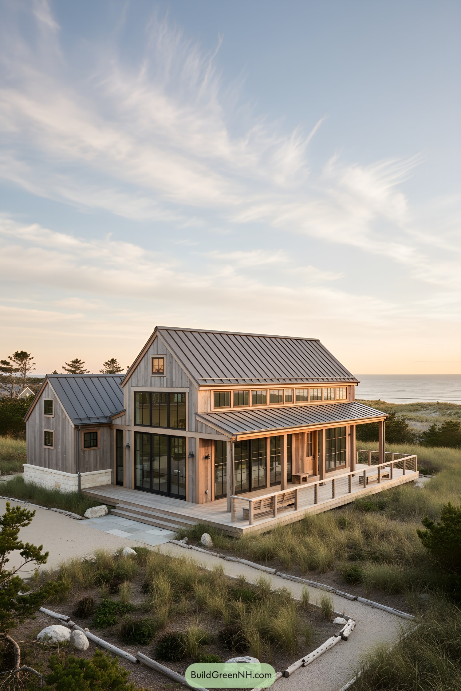 Modern coastal barn with metal roof, glass walls, and wraparound porch facing dunes and ocean