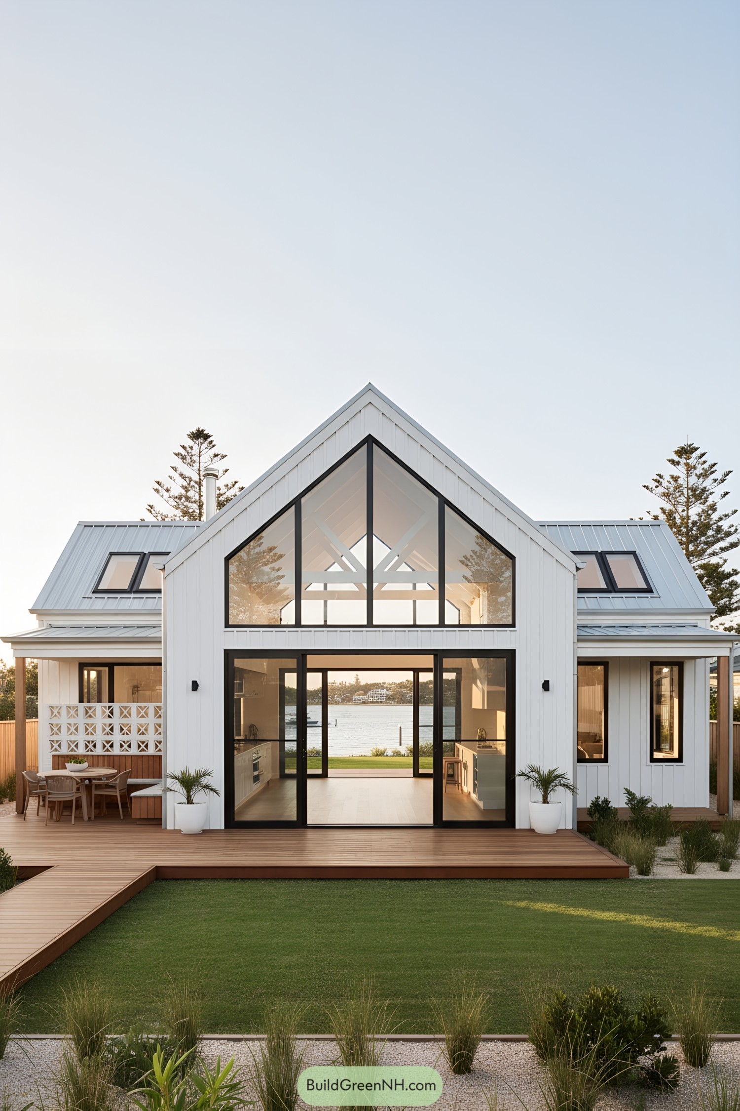 Modern white barn house with black-framed gable glazing by the water