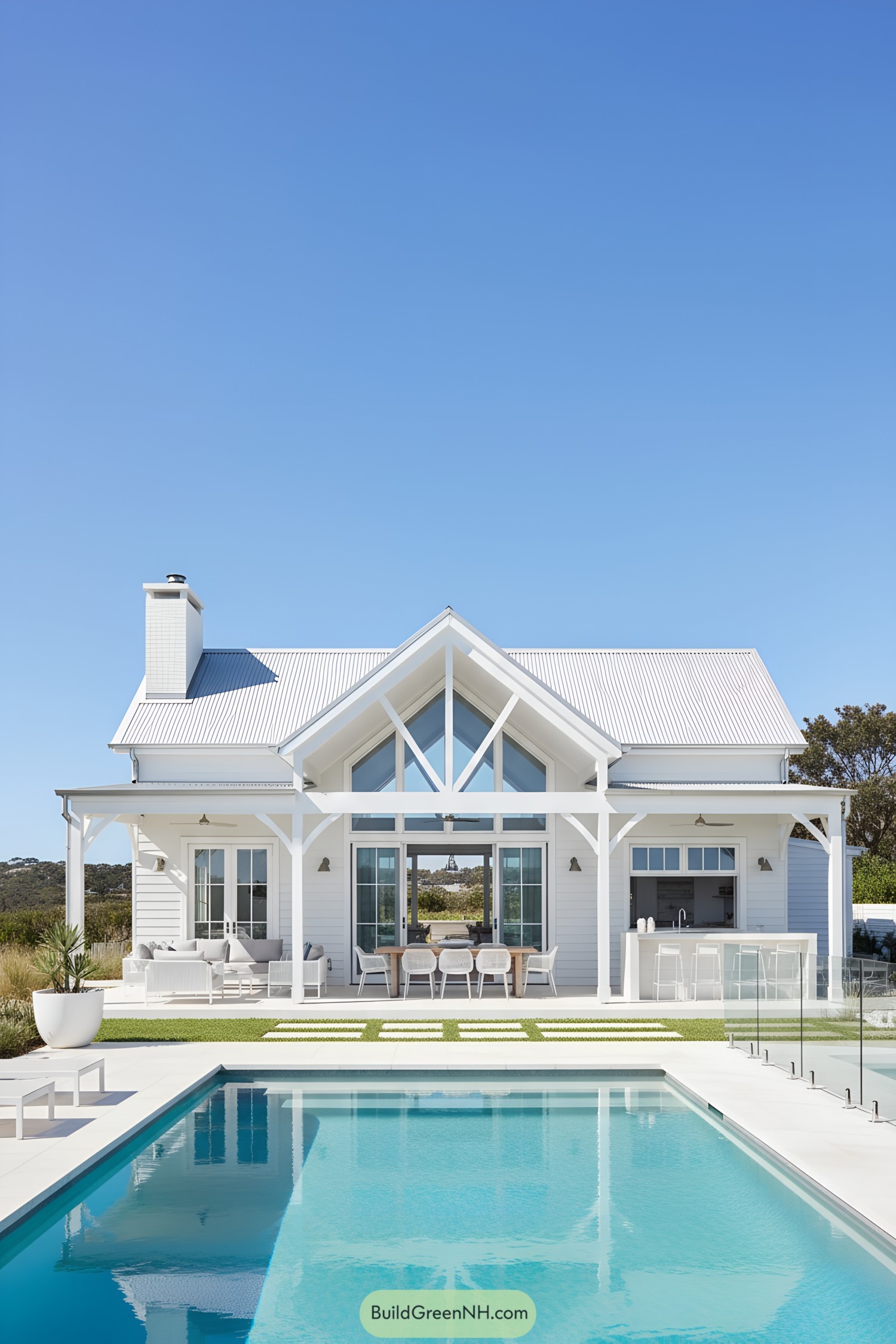 White coastal barn with gable roof and pool