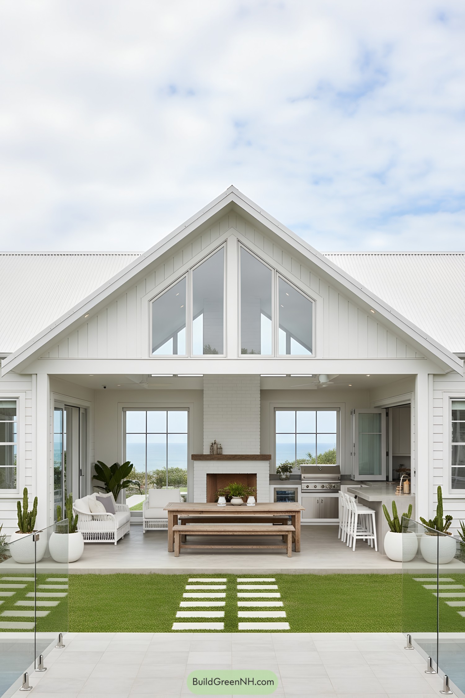 Open gabled coastal barn with alfresco hearth