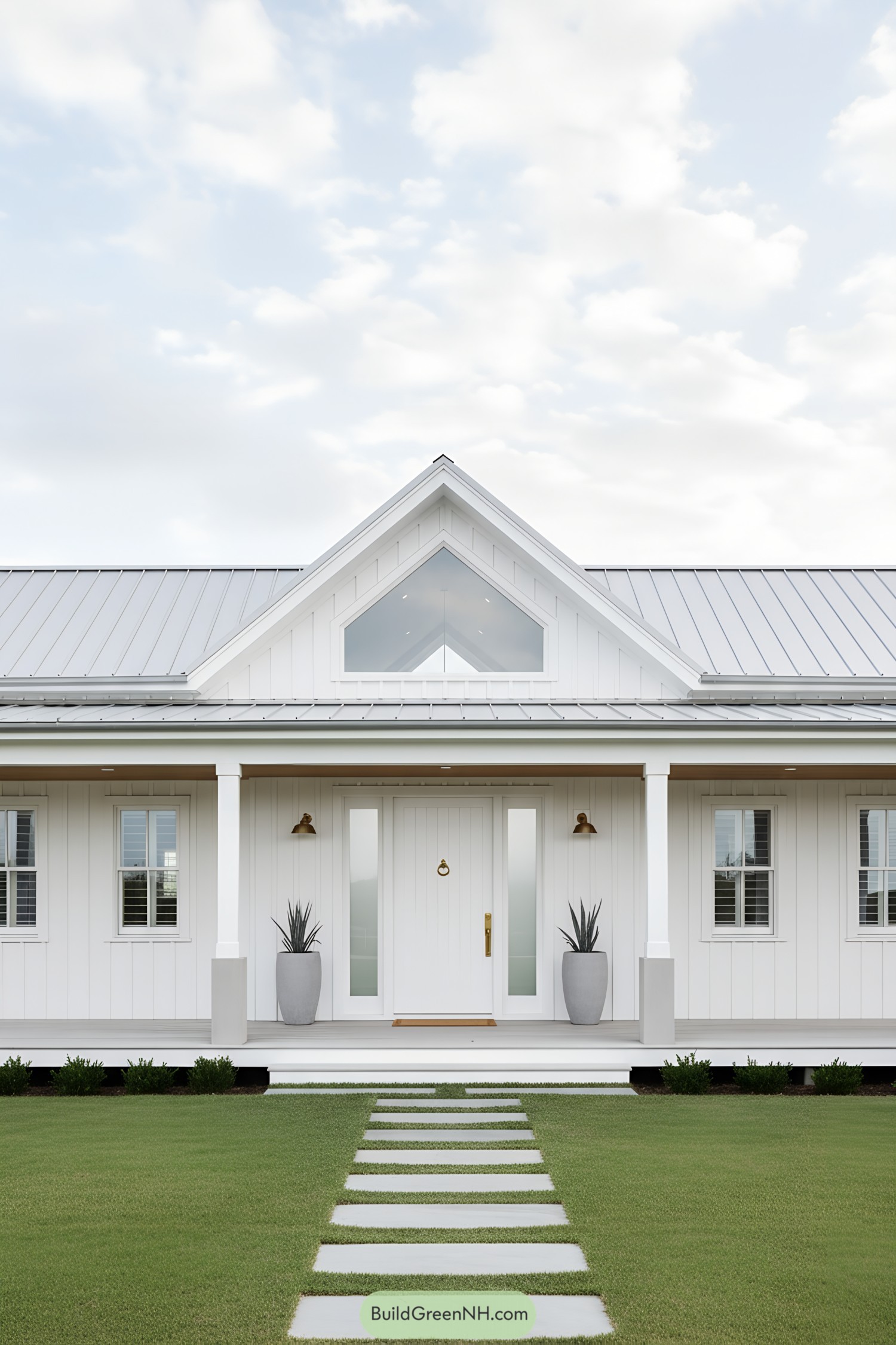 White farmhouse with gable and metal roof