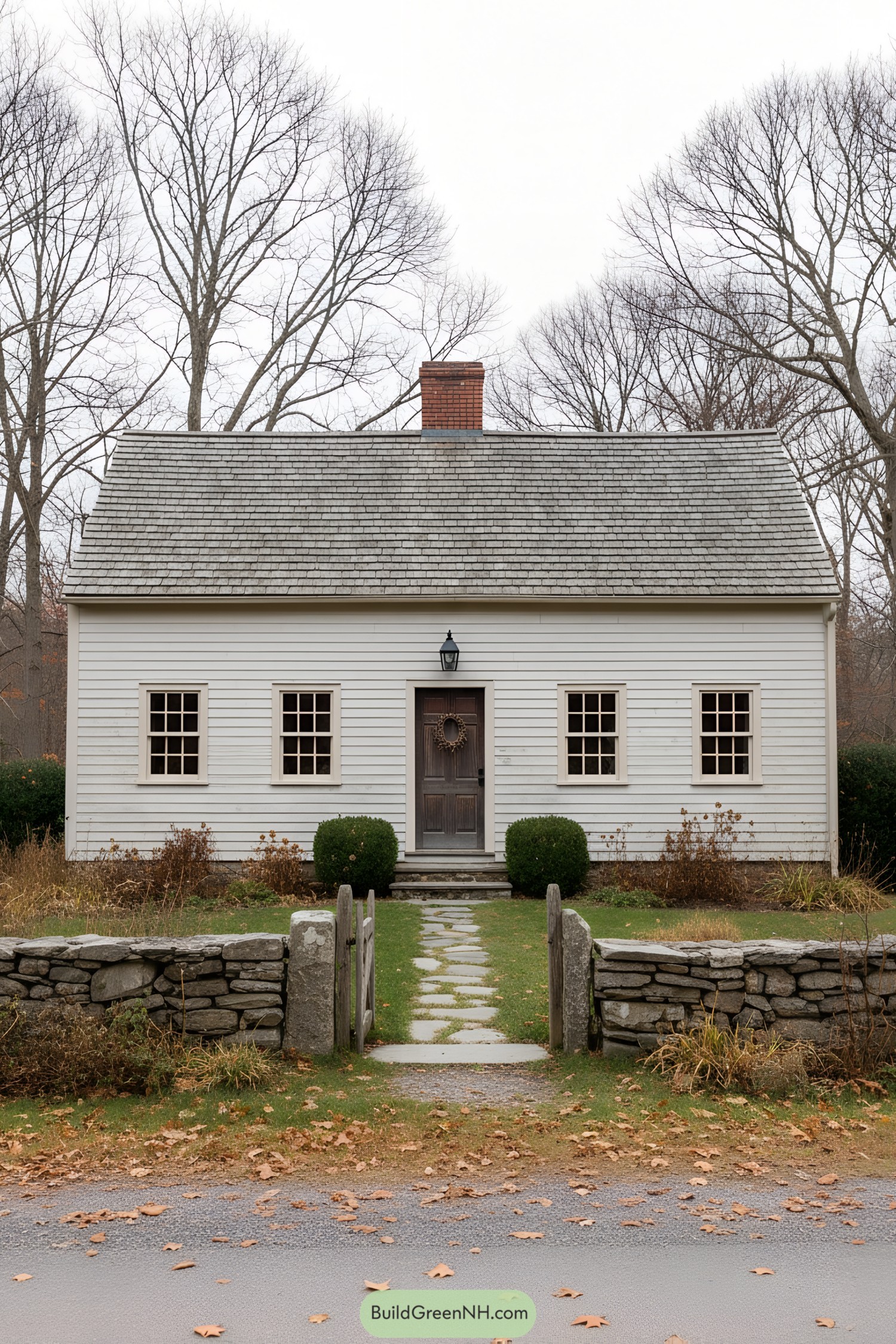 Small white colonial cottage with central chimney