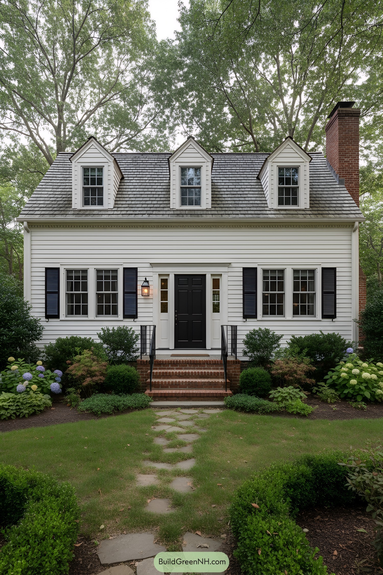 White clapboard cottage with dormer windows, black door, and brick steps