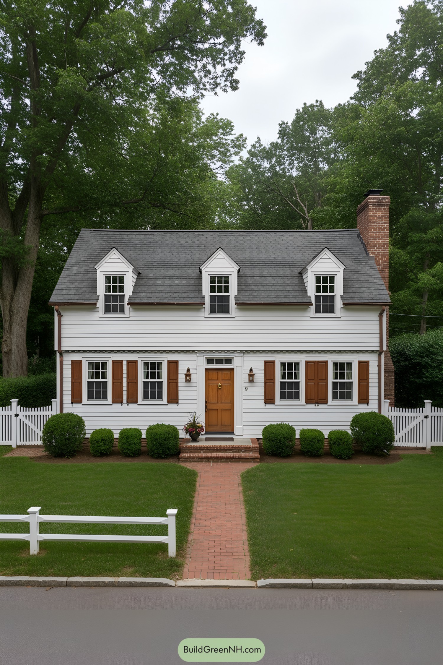 White clapboard cottage with dormers and shutters