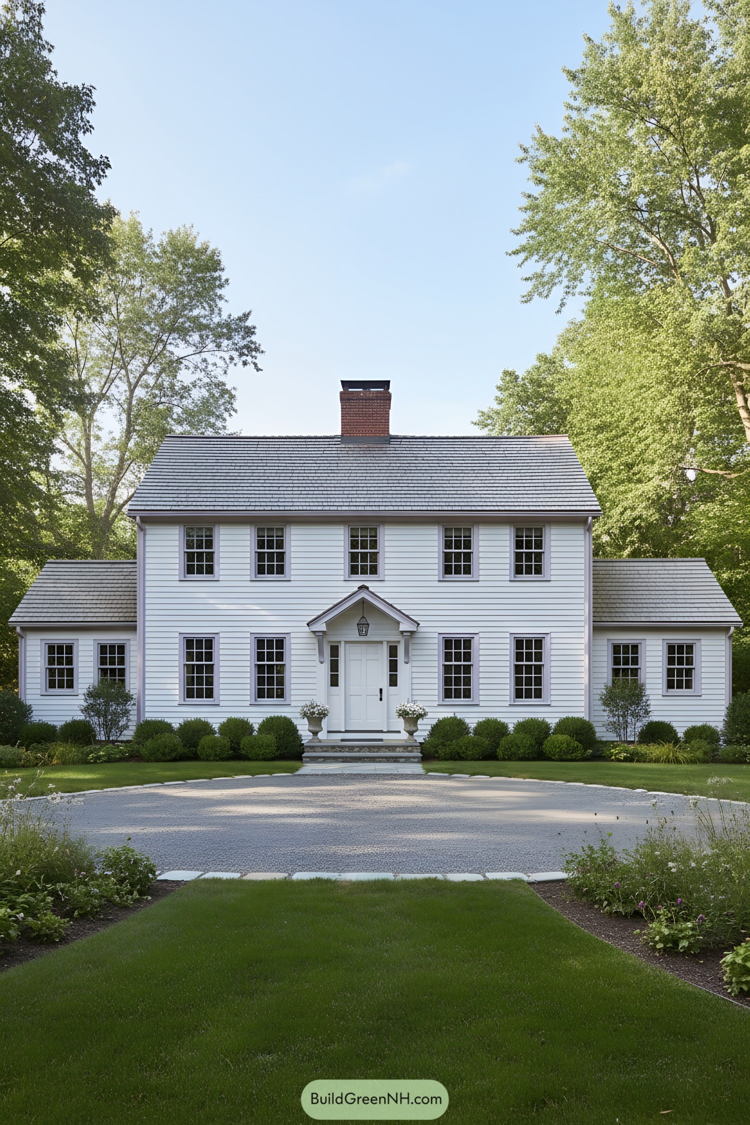 White clapboard colonial with central chimney