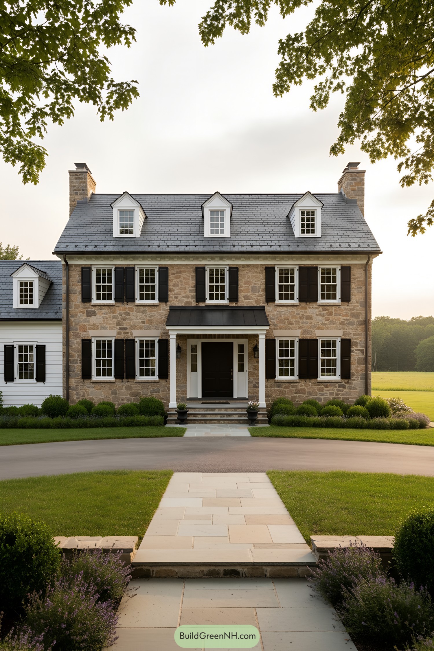 Colonial cottage with stone facade, black shutters, and dormered slate roof