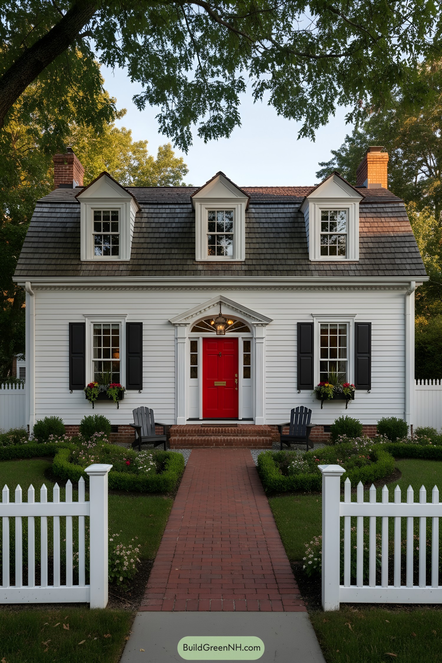 White clapboard cottage with dormers and red door