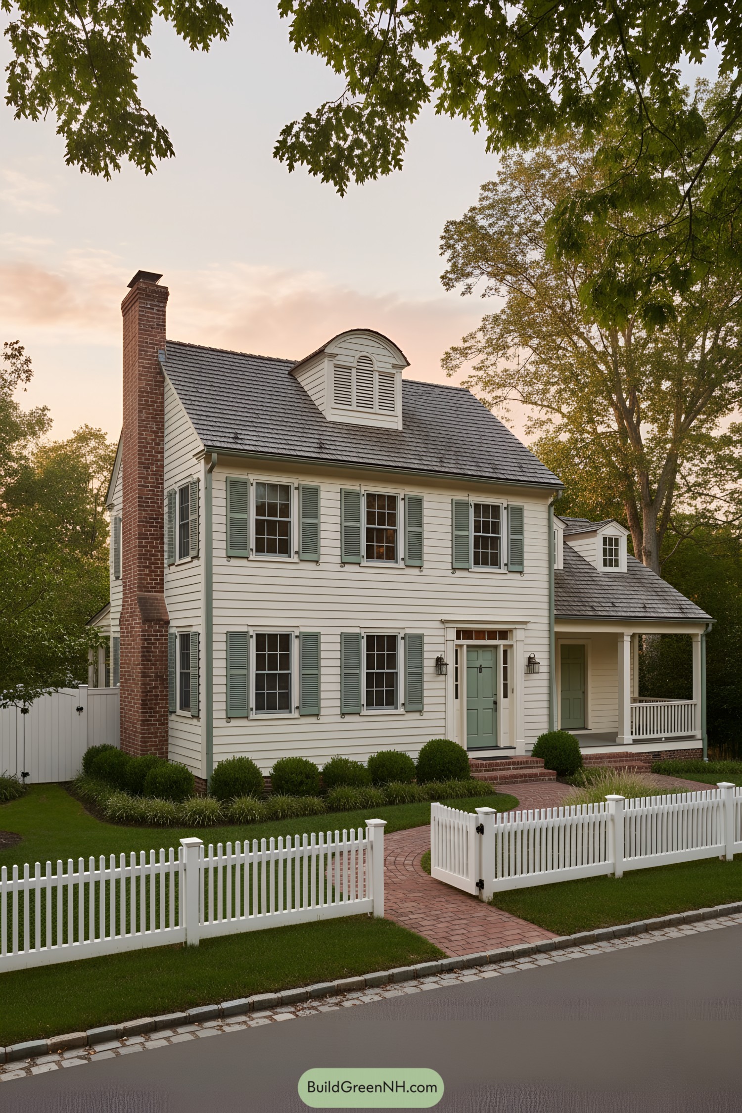 White clapboard colonial cottage with green shutters, dormer, and brick chimney behind a white picket fence