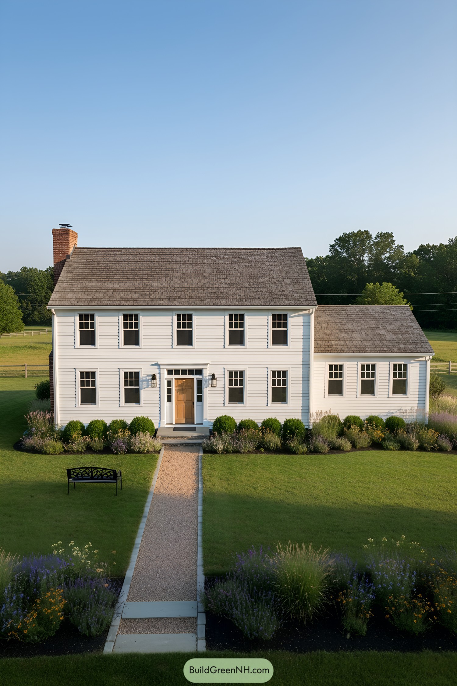 White clapboard colonial cottage with side ell