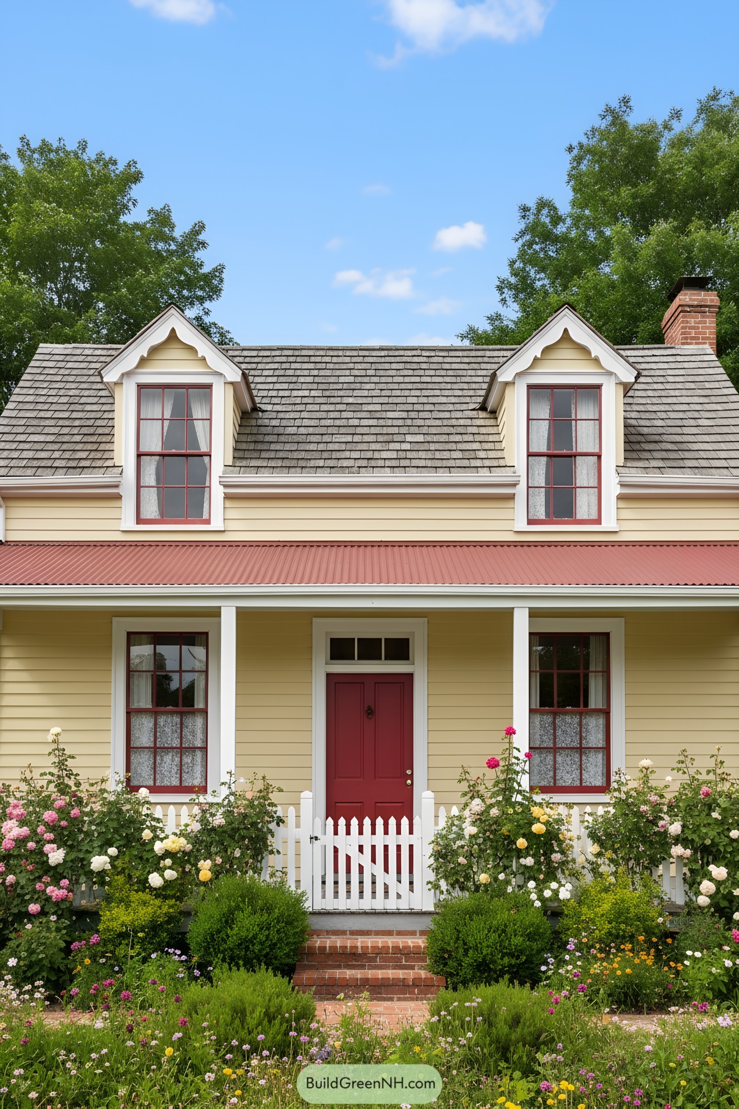 Yellow colonial cottage with red accents