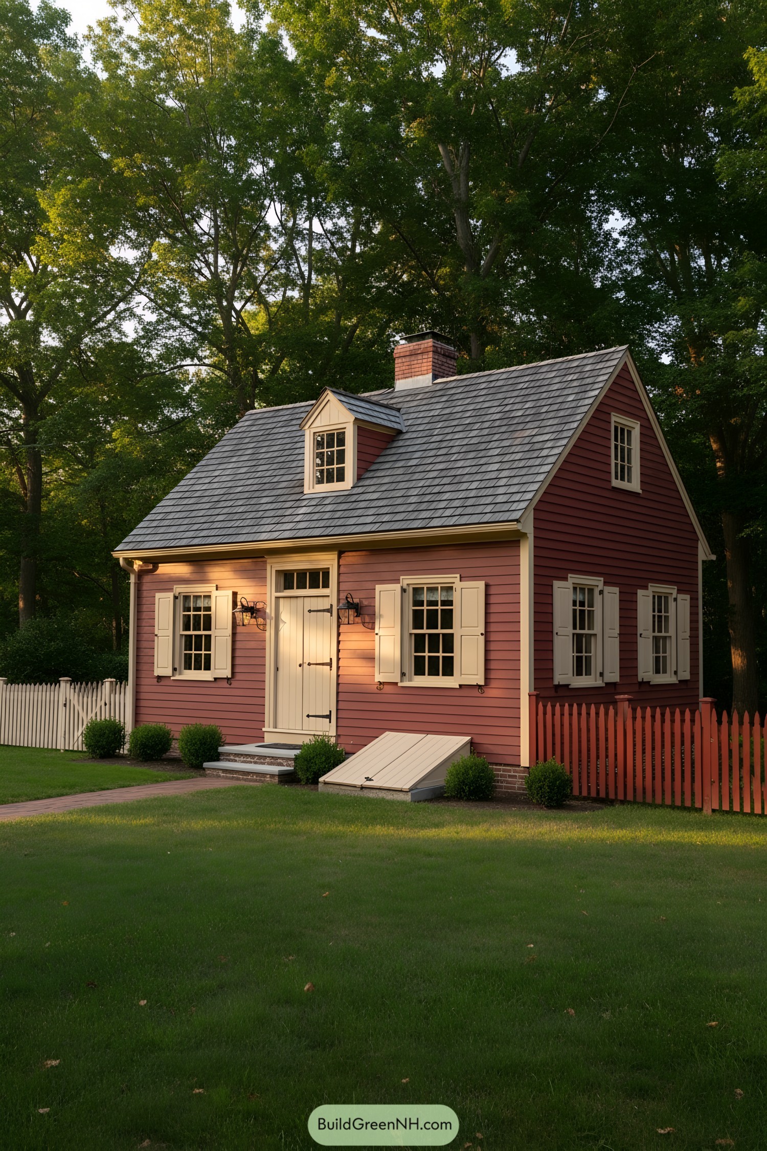 Small red colonial cottage with dormer, shutters, and steep shingle roof